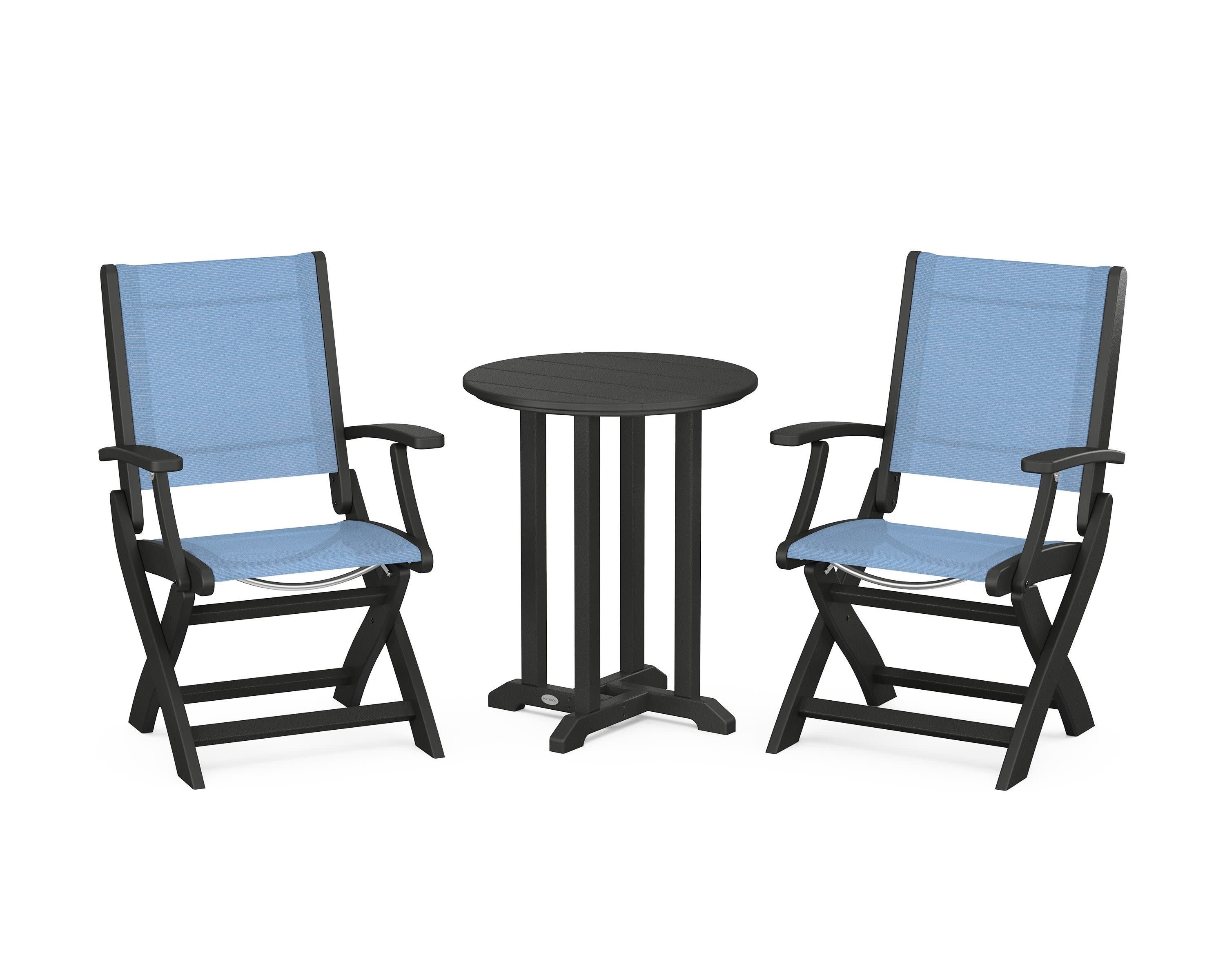 Coastal Folding 3-Piece Round Bistro Dining Set in Black / Poolside Sling