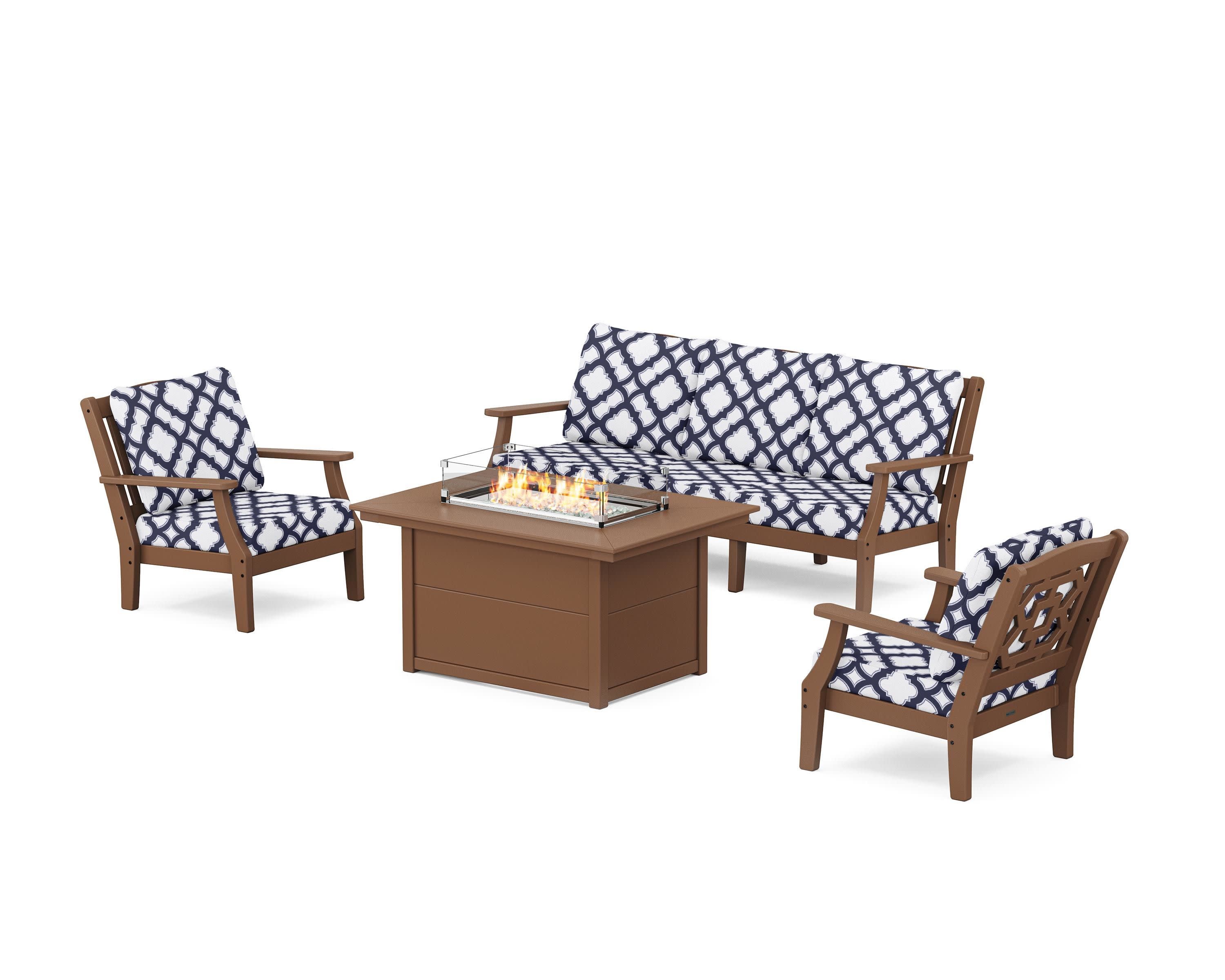 Chinoiserie Deep Seating Fire Pit Table Set in Teak / Trellis Navy