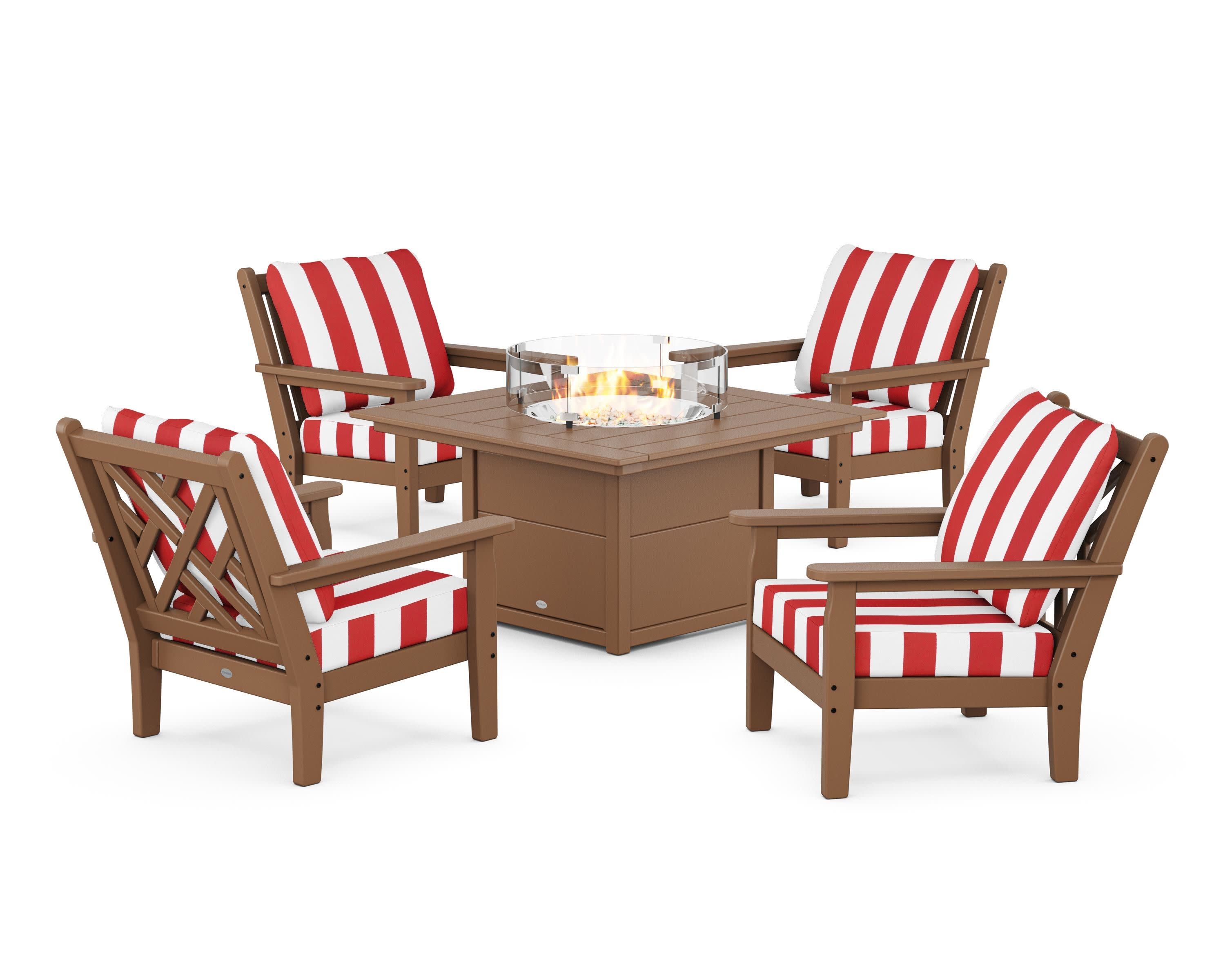 Chippendale 5-Piece Deep Seating Set with Fire Pit Table in Teak / Cabana Stripe Crimson