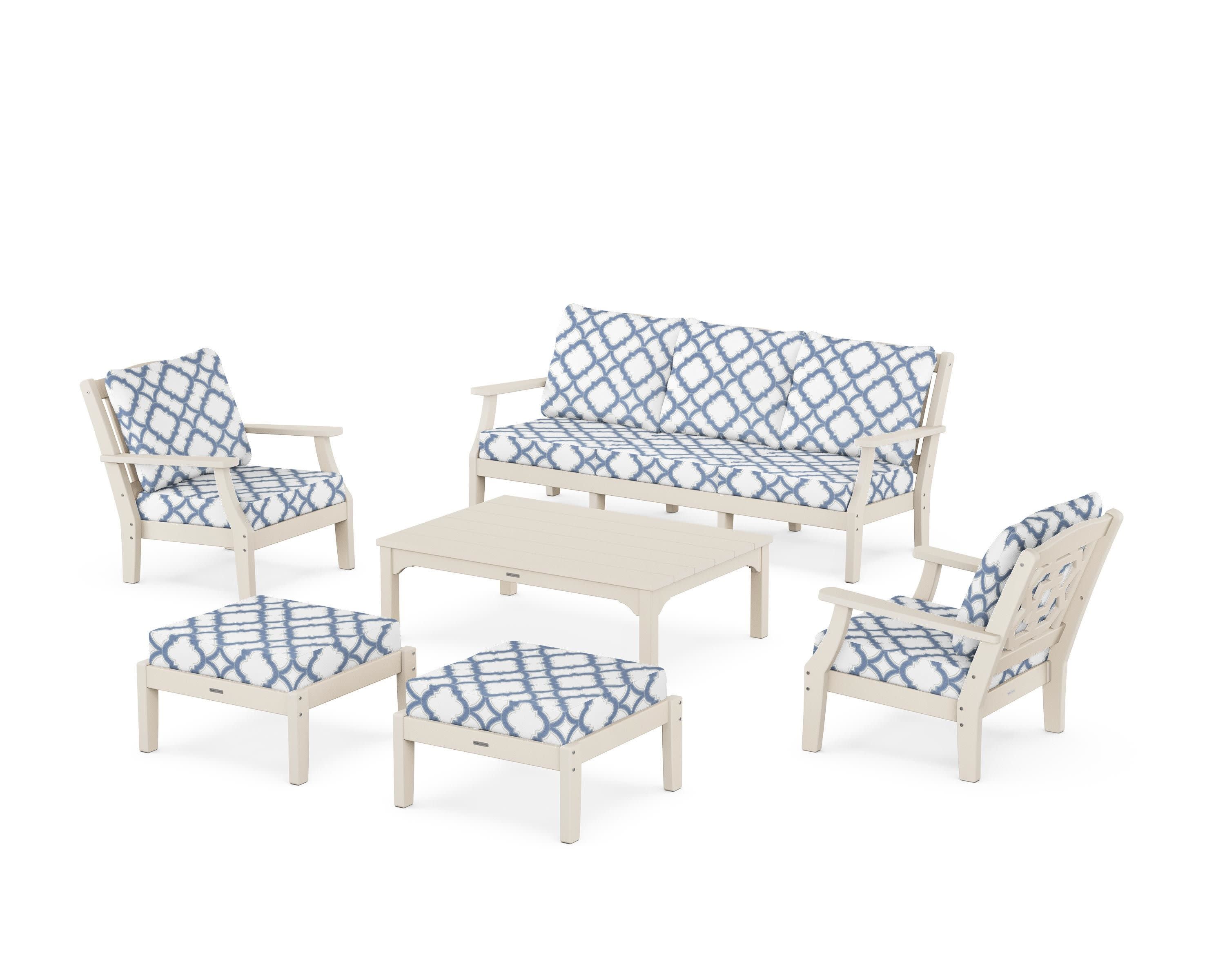 Chinoiserie 6-Piece Lounge Sofa Set in Sand / Trellis Sky Blue