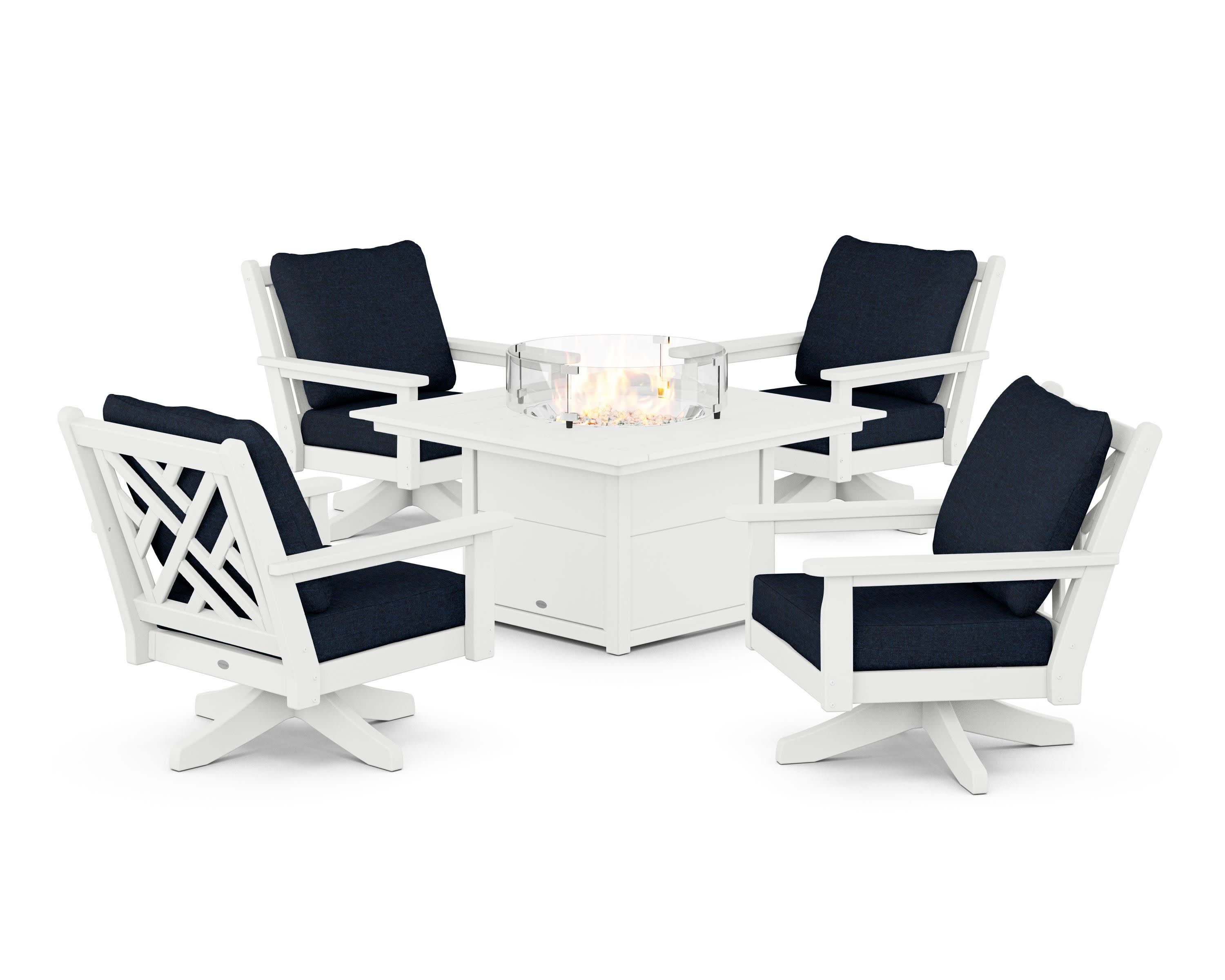 Chippendale 5-Piece Deep Seating Swivel Conversation Set with Fire Pit Table in White / Marine Indigo
