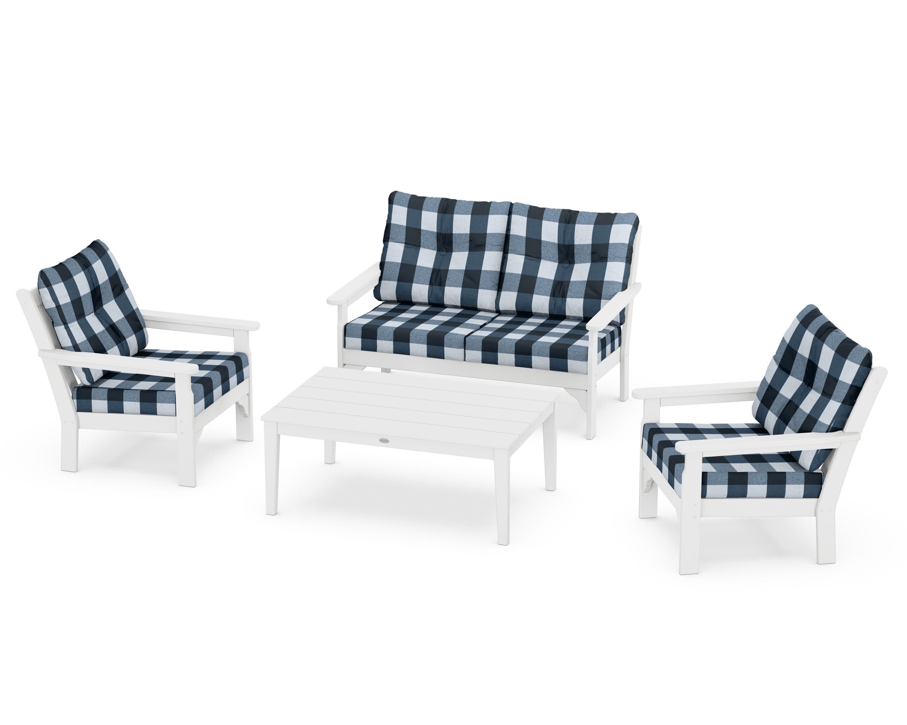 Vineyard 4-Piece Deep Seating Set in White / Buffalo Plaid Marine Indigo
