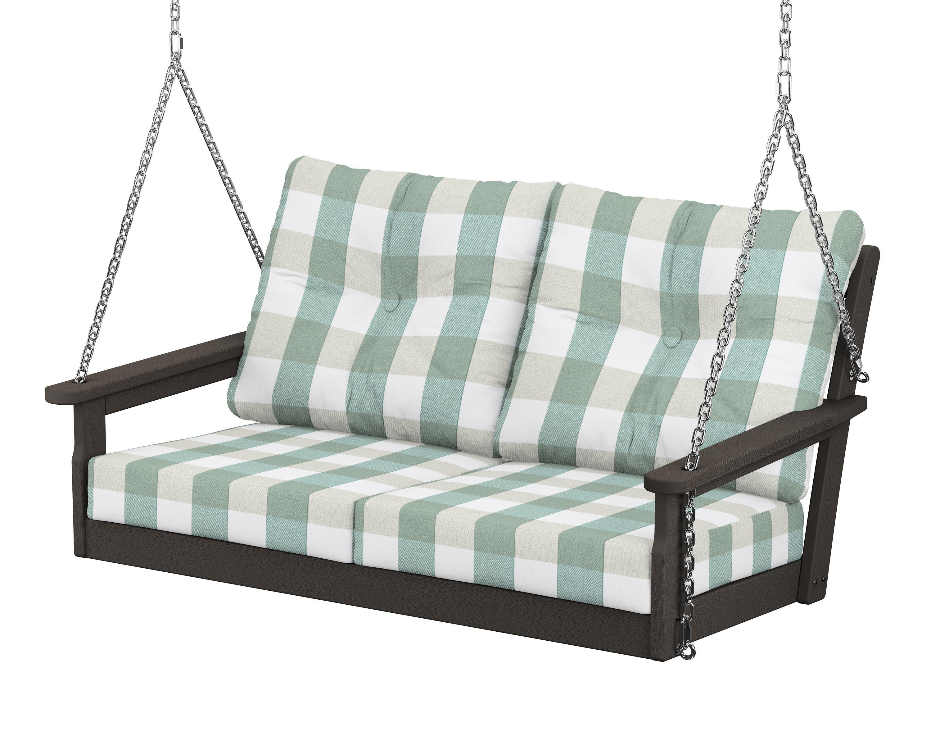 Vineyard Deep Seating Swing in Vintage Coffee / Buffalo Plaid Glacier Spa
