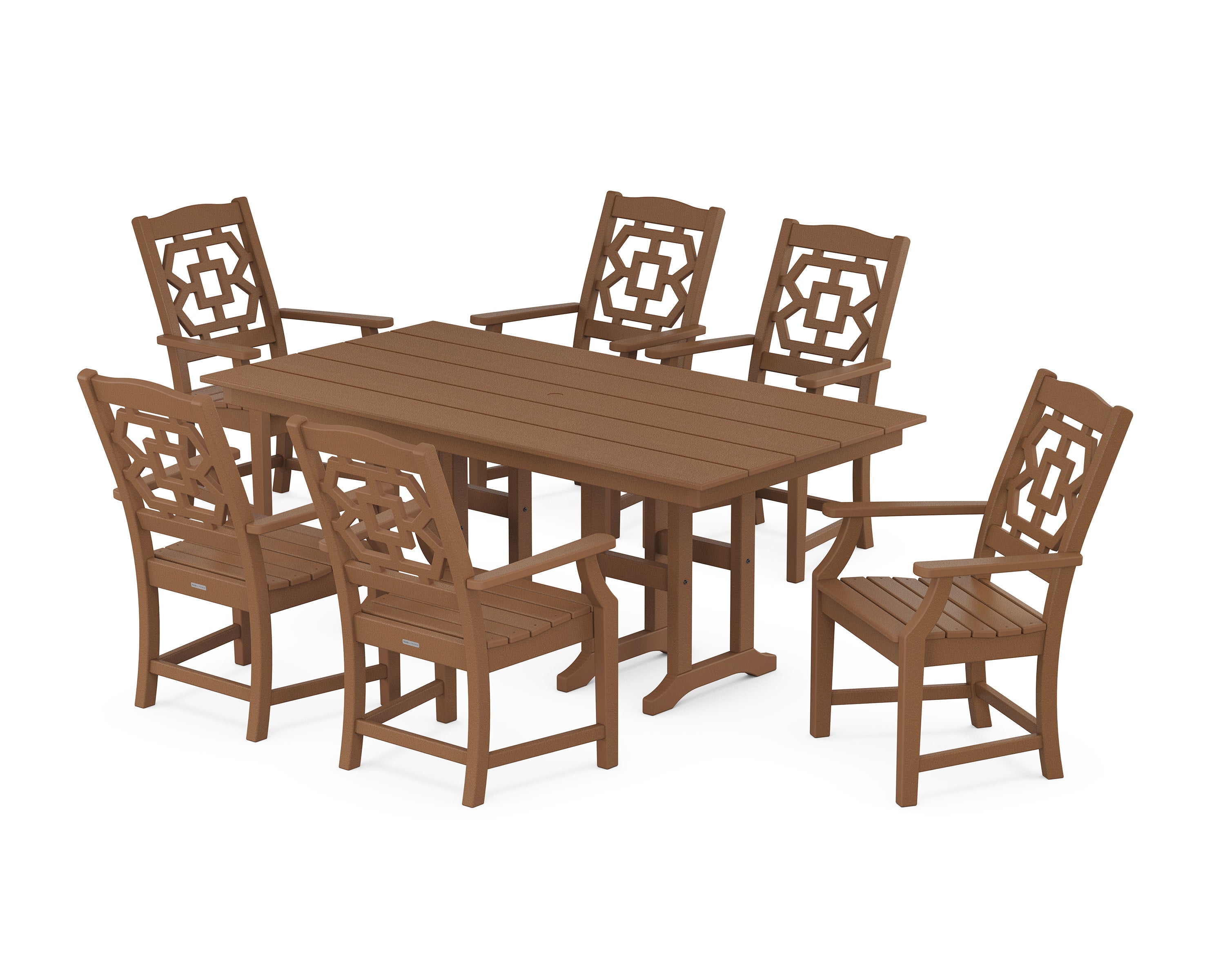 Chinoiserie Arm Chair 7-Piece Farmhouse Dining Set in Teak