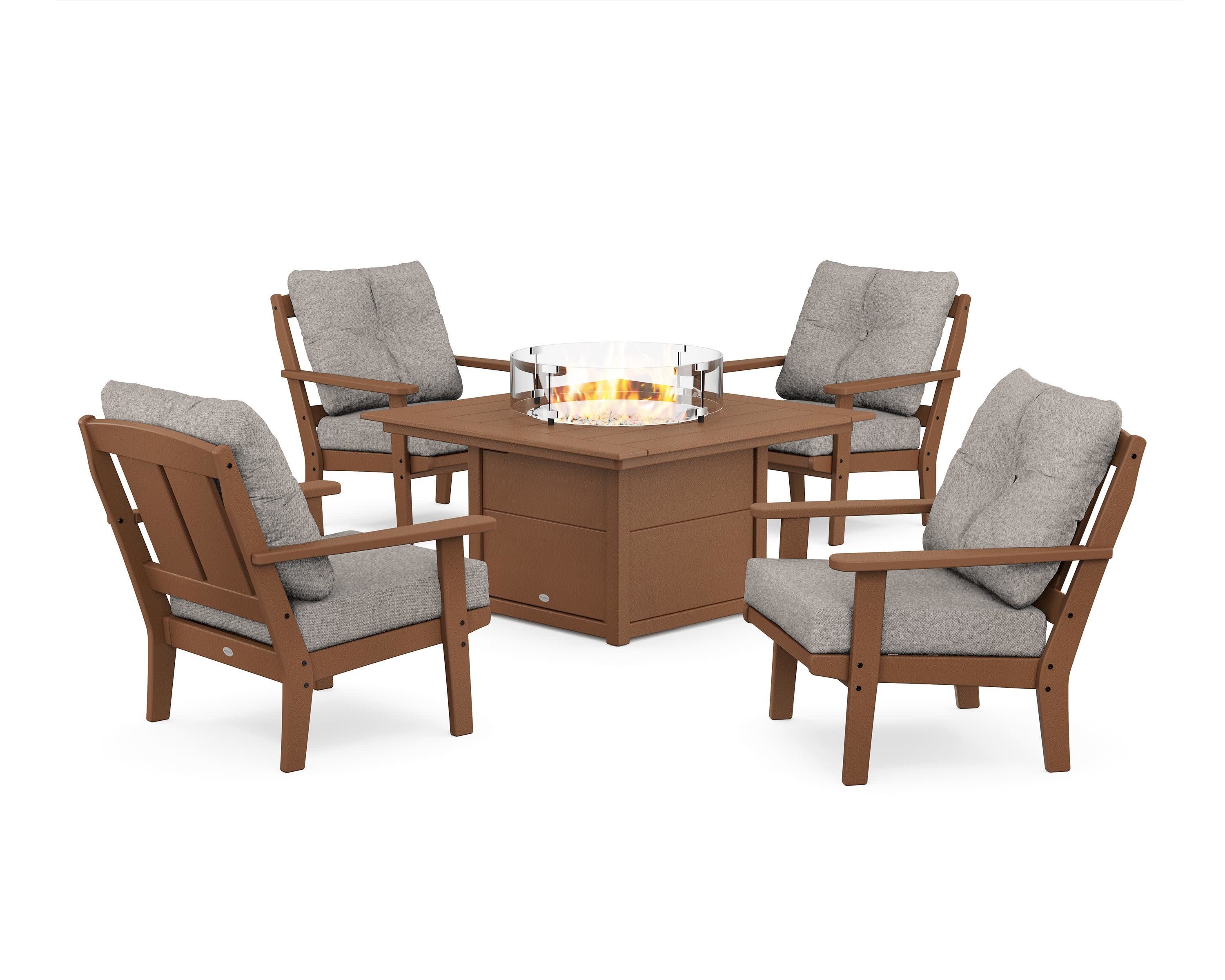 Mission 5-Piece Deep Seating Set with Fire Pit Table in Teak / Weathered Tweed