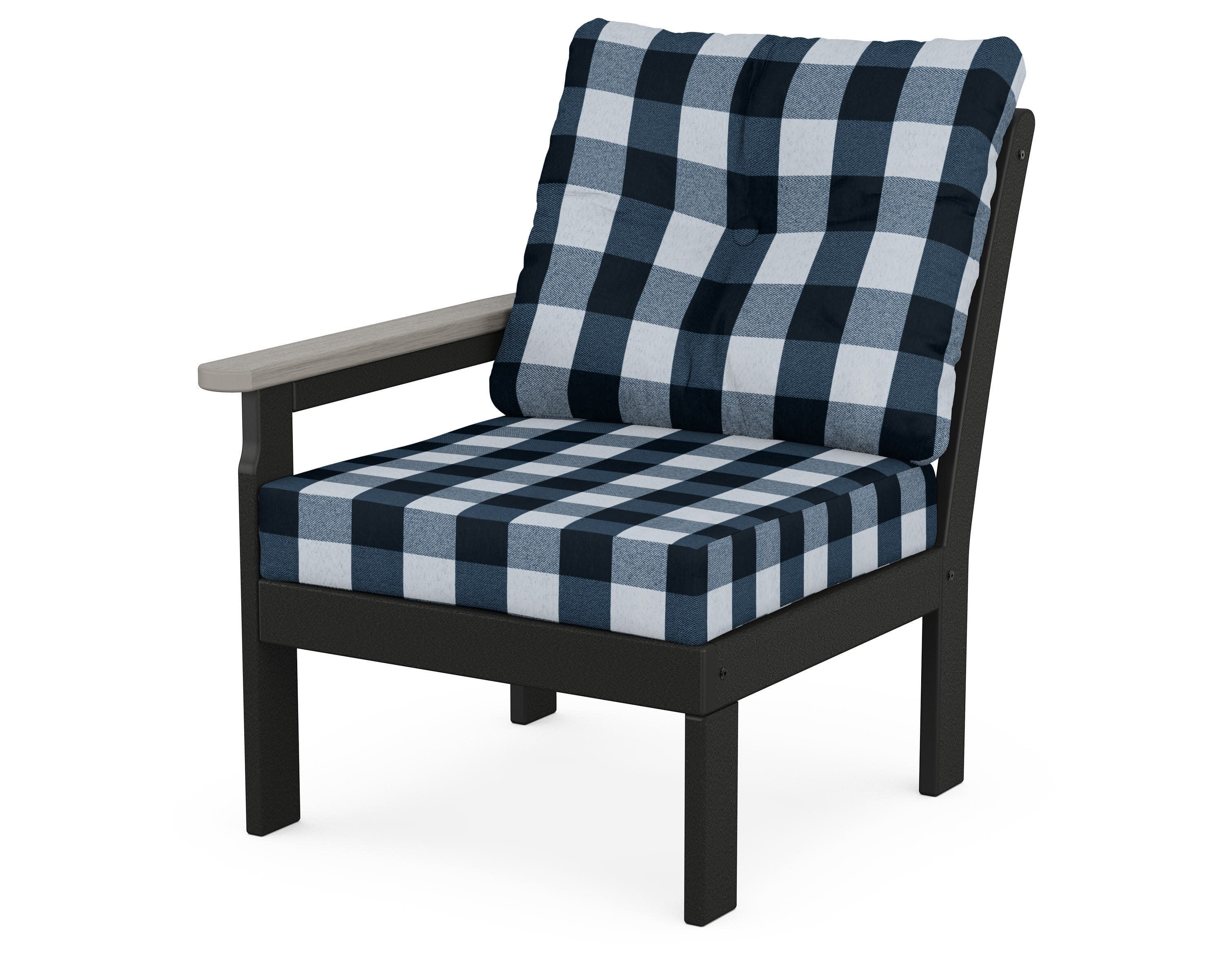 Vineyard Modular Left Arm Chair in Black / Driftwood / Buffalo Plaid Marine Indigo