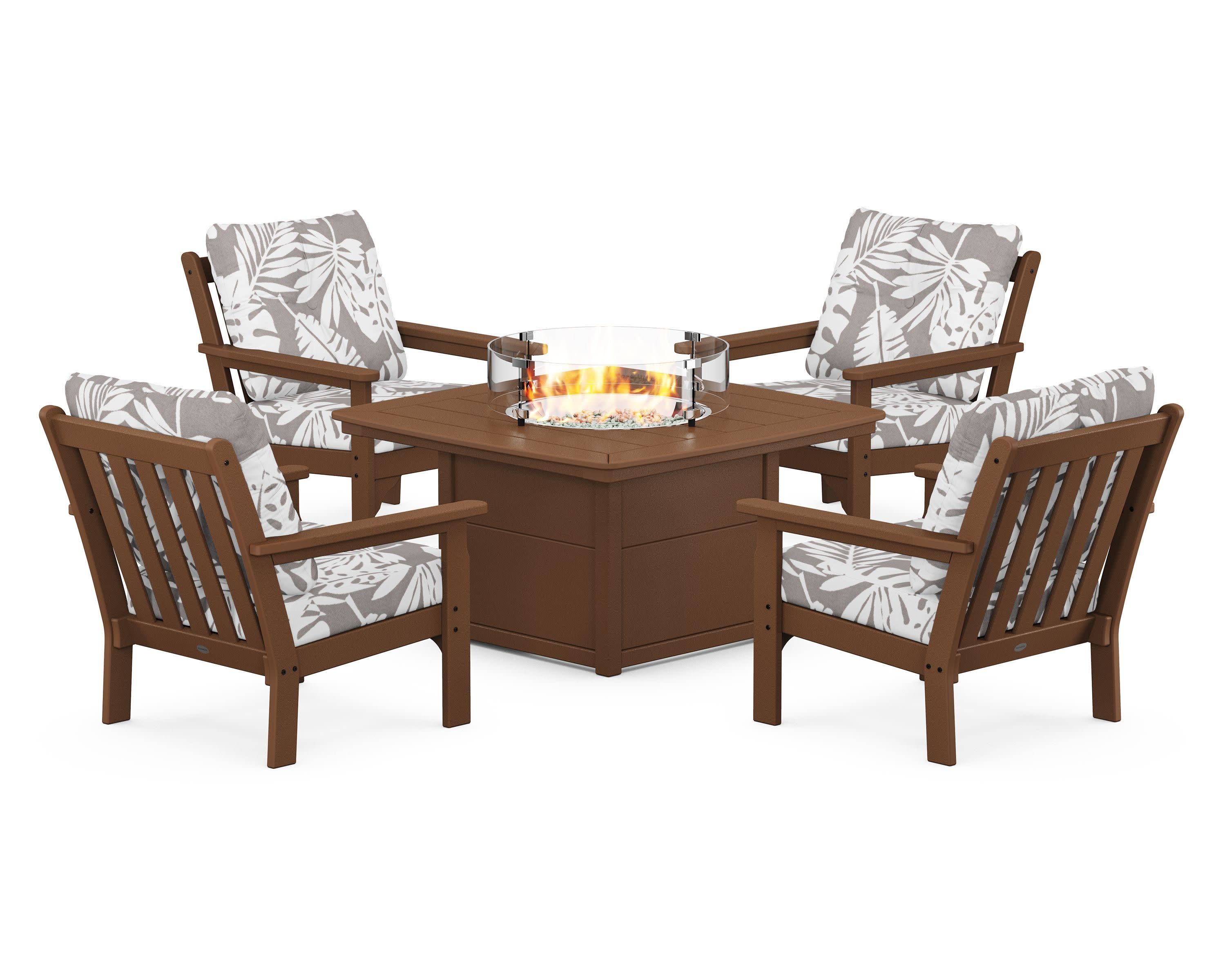 Vineyard 5-Piece Conversation Set with Fire Pit Table in Teak / Leaf Grey Mist