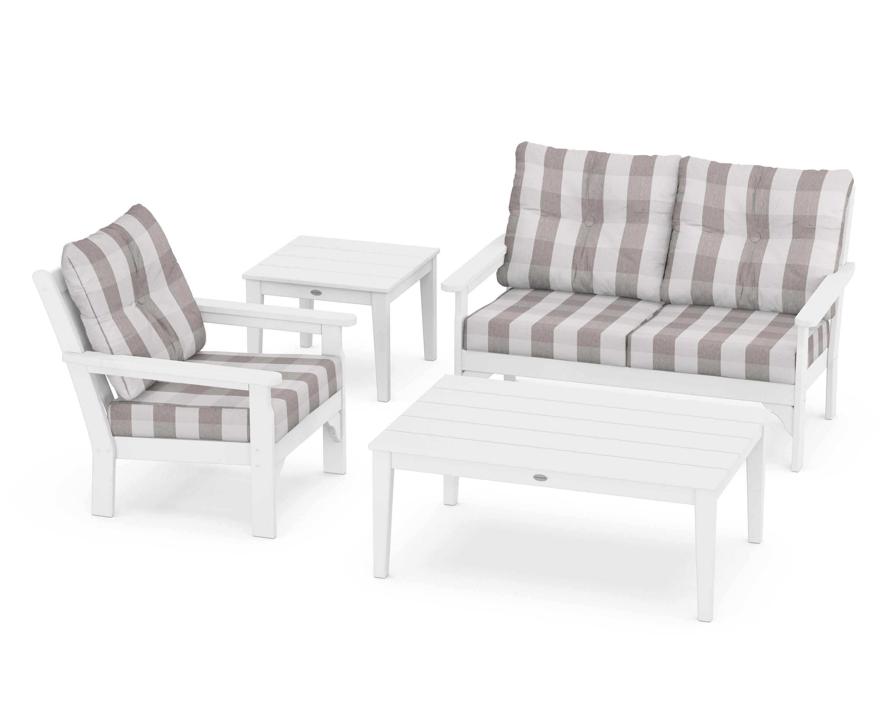 Vineyard 4-Piece Deep Seating Set in White / Buffalo Plaid Grey Mist