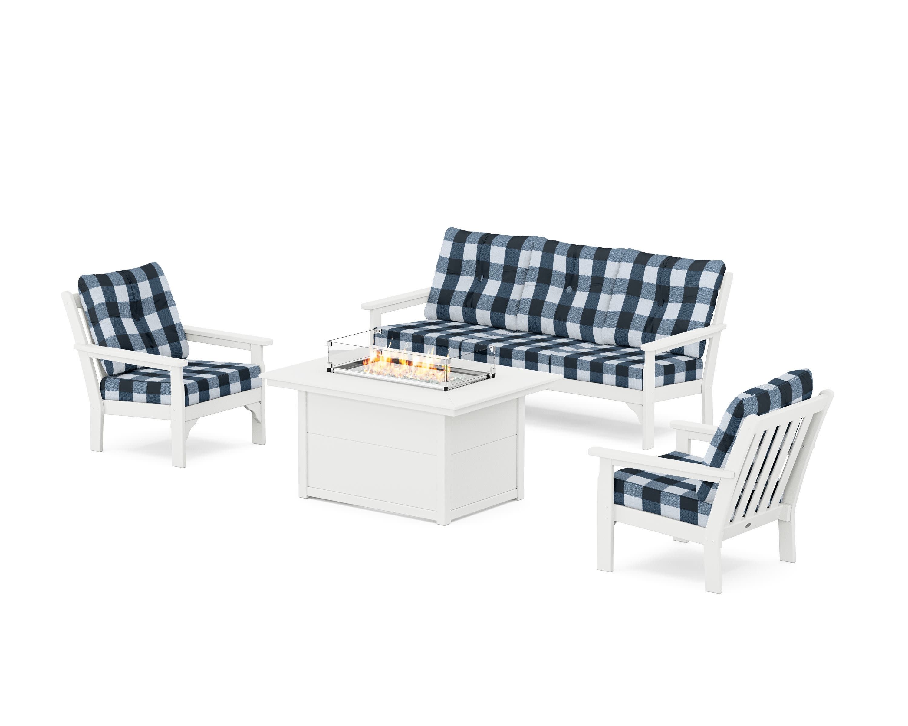 Vineyard Deep Seating Fire Pit Table Set in White / Buffalo Plaid Marine Indigo