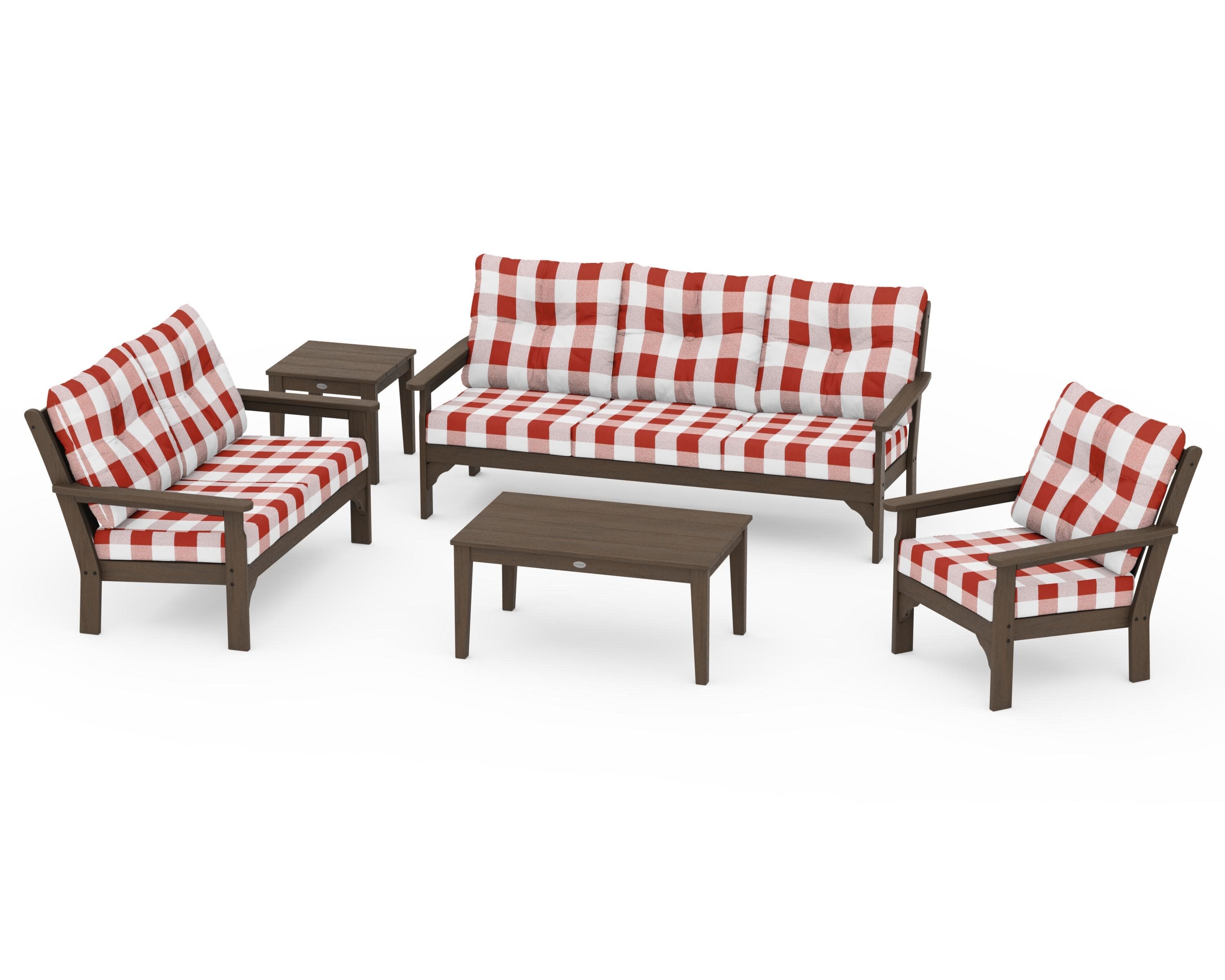 Vineyard 5 Piece Deep Seating Set in Kona / Buffalo Plaid Crimson