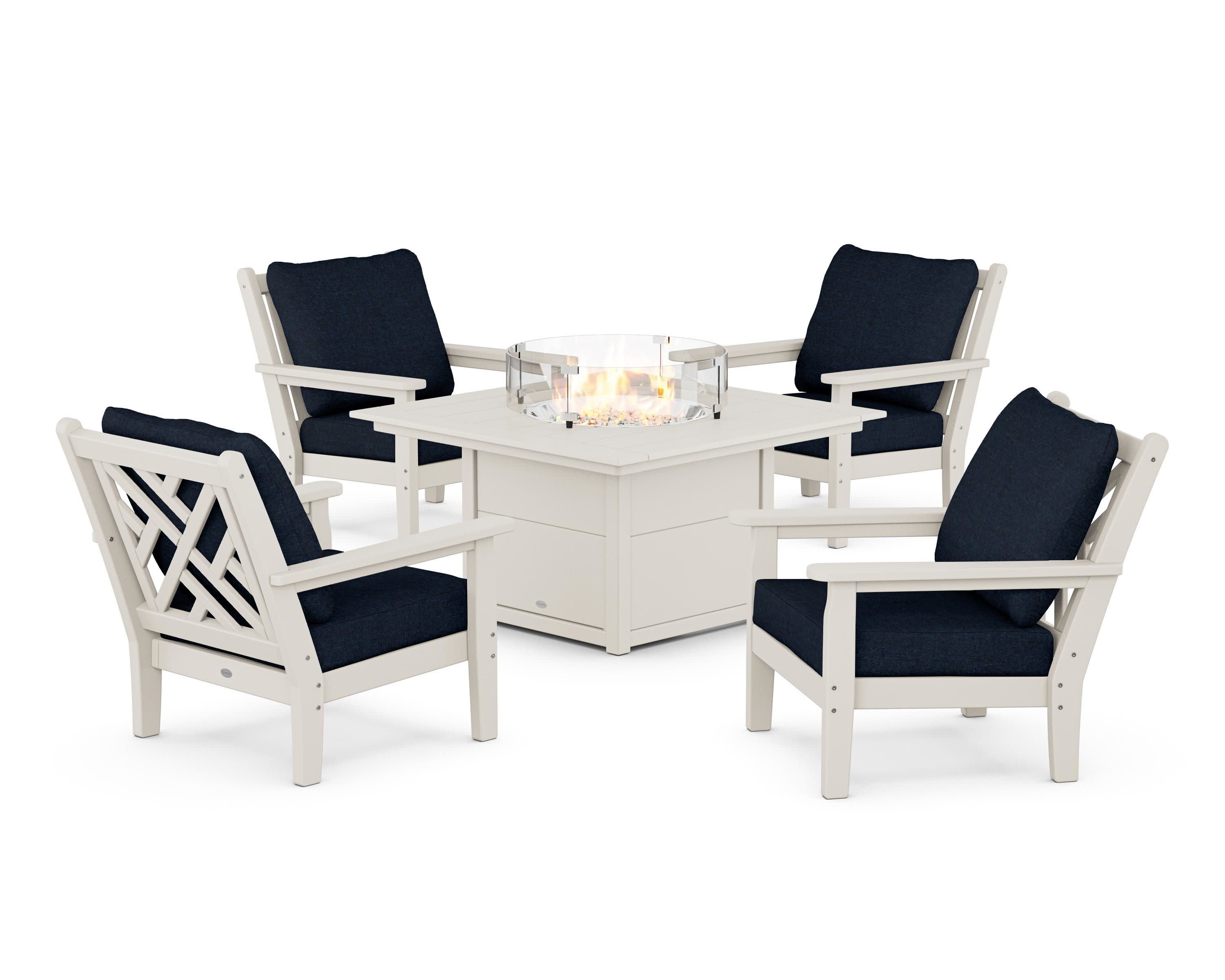 Chippendale 5-Piece Deep Seating Set with Fire Pit Table in Sand / Marine Indigo