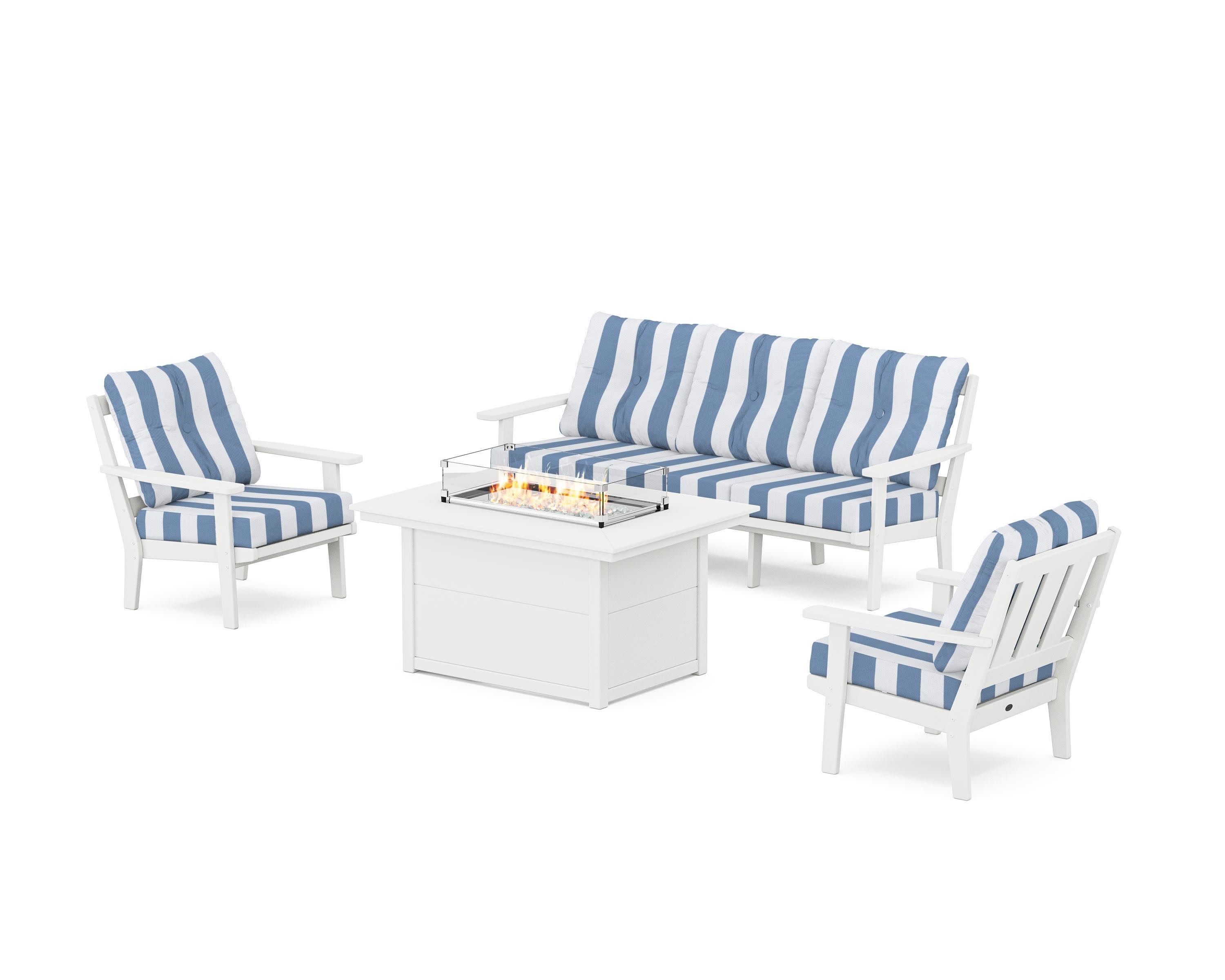 Oxford Deep Seating Fire Pit Table Set in White / Cabana Stripe Sky Blue