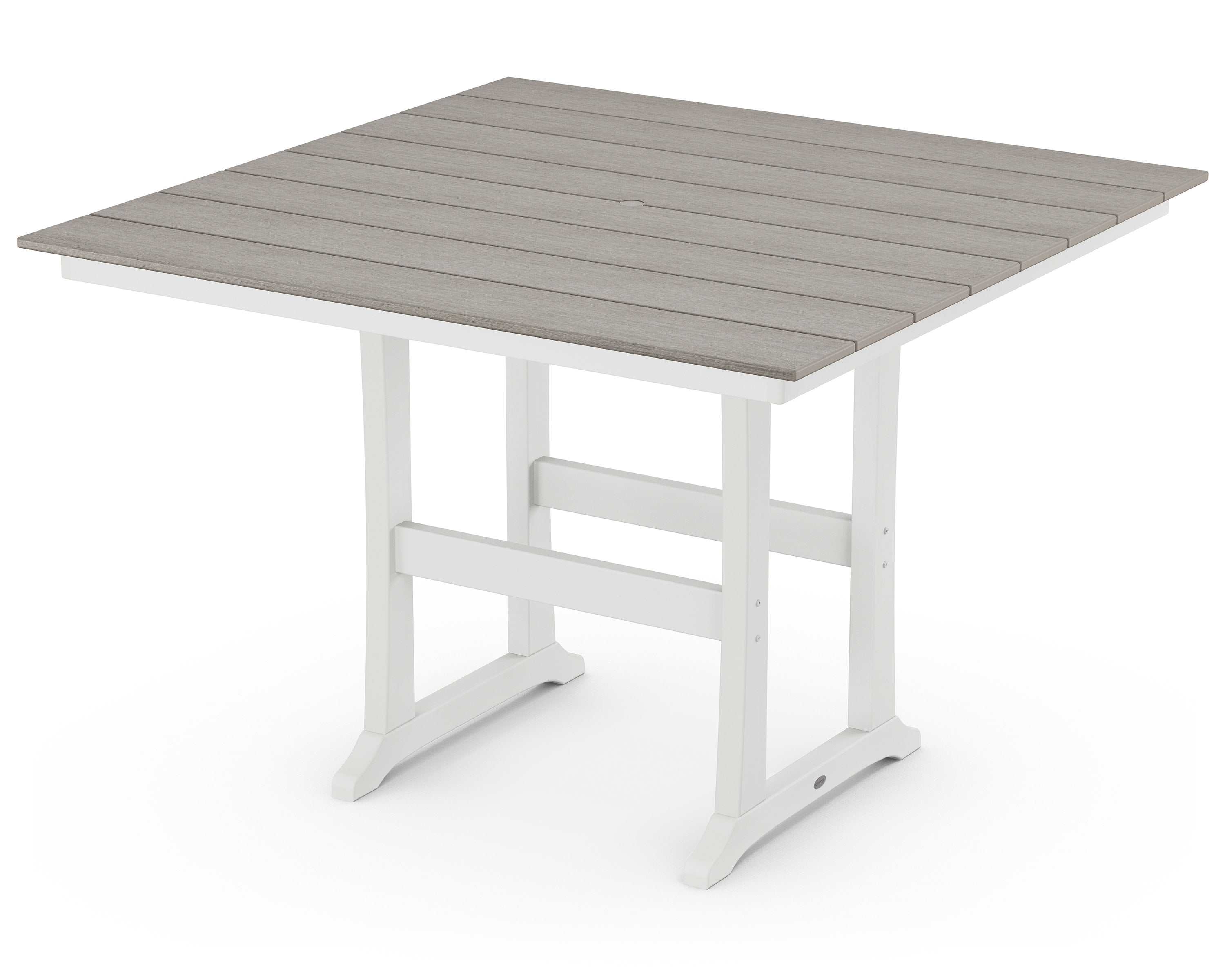 Farmhouse Trestle 59" Bar Table in White / Driftwood