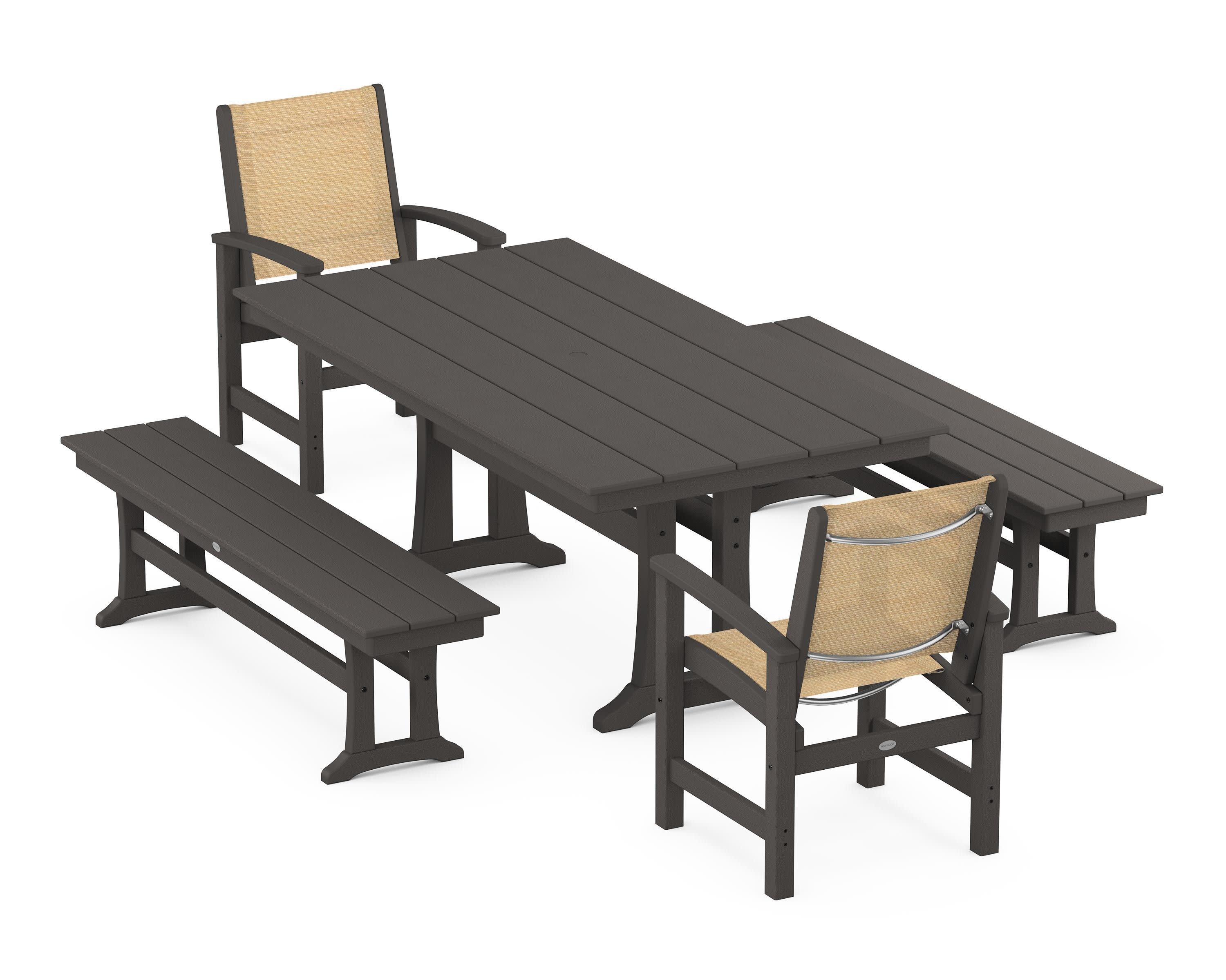 Coastal 5-Piece Farmhouse Dining Set with Trestle Legs and Benches in Vintage Coffee / Dupioni Apricot Sling