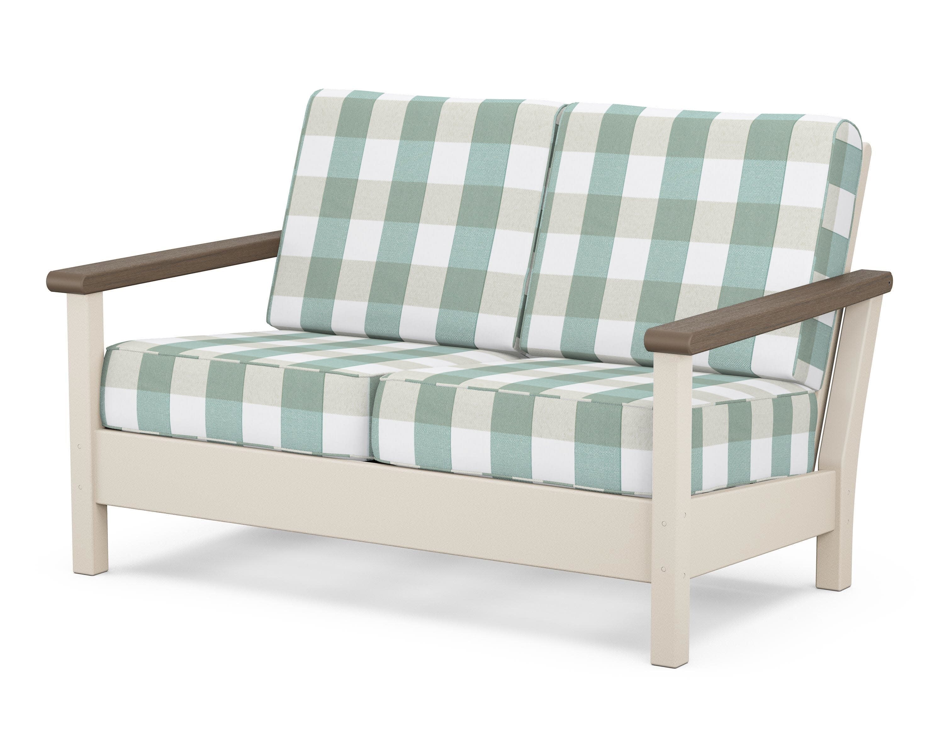 Harbour Deep Seating Loveseat in Sand / Kona / Buffalo Plaid Glacier Spa