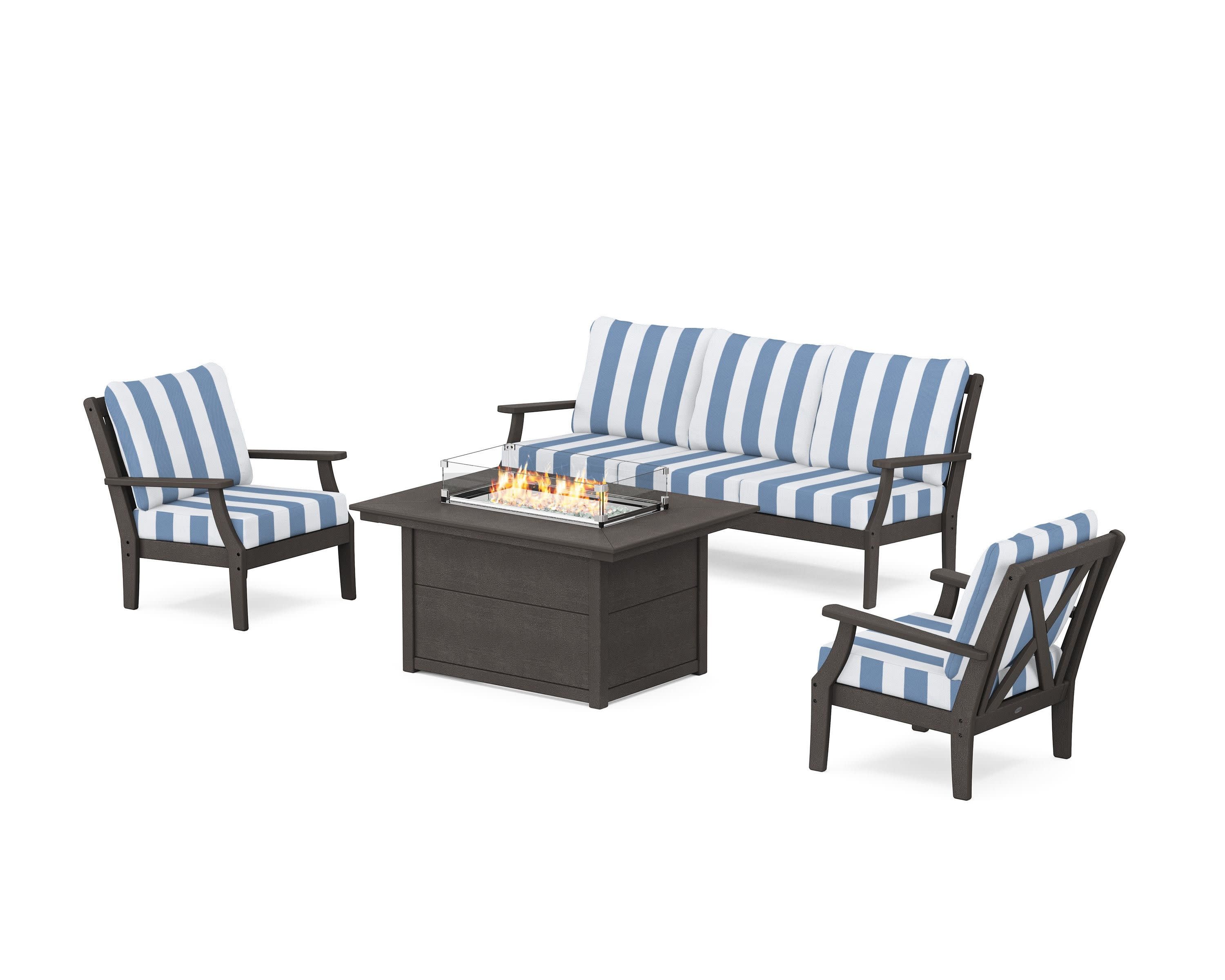 Braxton Deep Seating Fire Pit Table Set in Vintage Coffee / Cabana Stripe Sky Blue