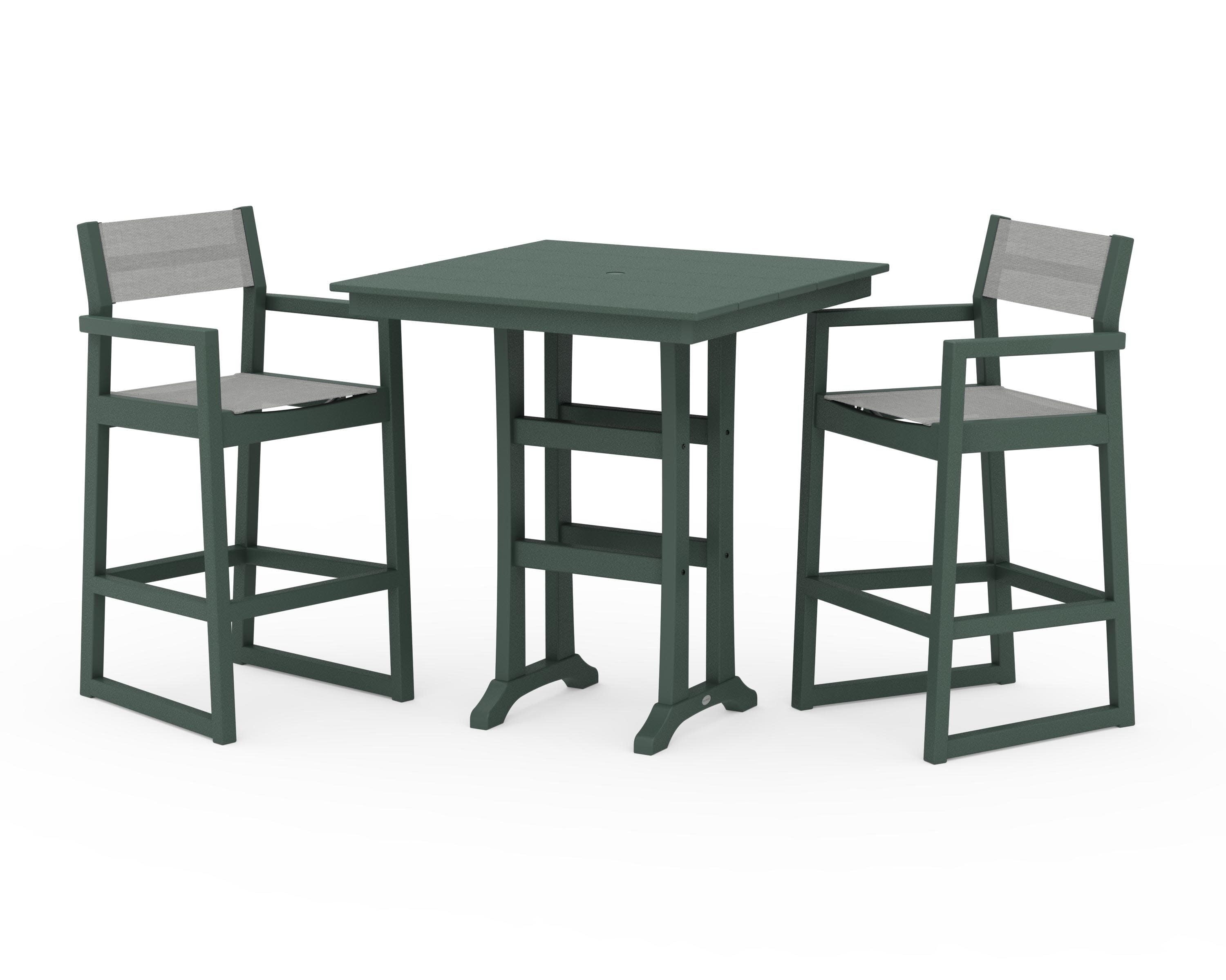 EDGE Sling Arm Chair 3-Piece Farmhouse Bar Set with Trestle Legs in Green / Metallic Sling