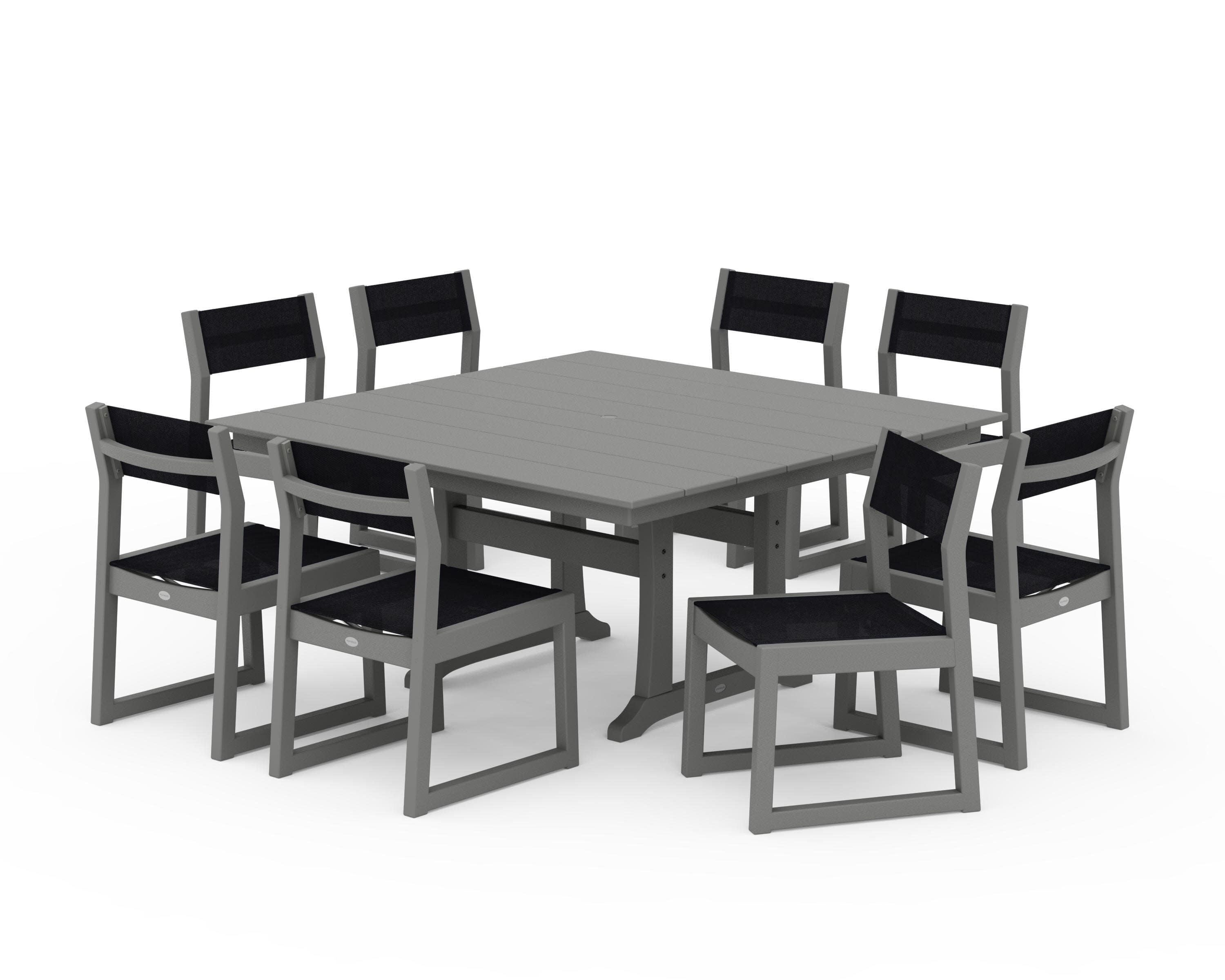EDGE Sling Side Chair 9-Piece Farmhouse Trestle Dining Set in Slate Grey / Black Sling