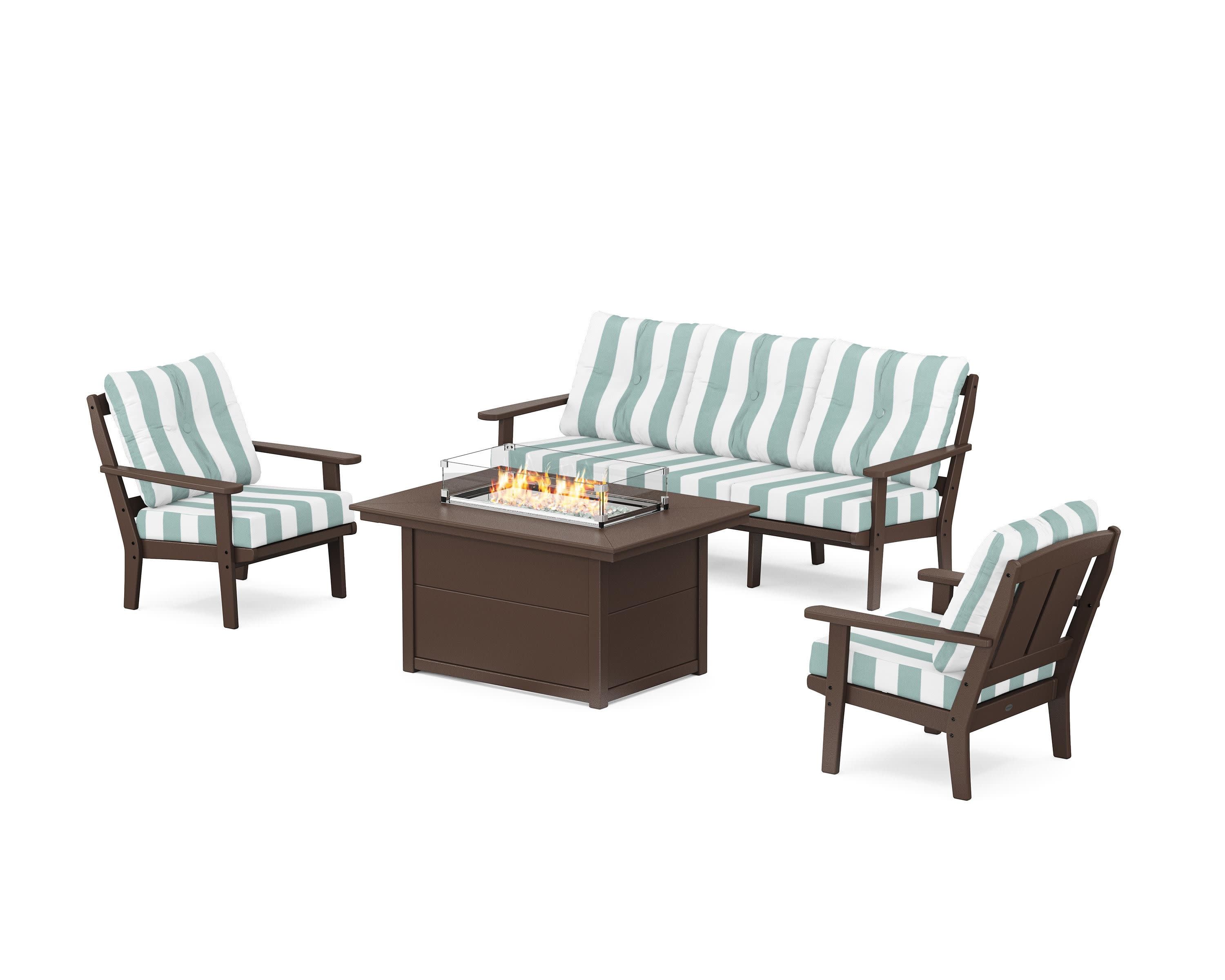 Mission Deep Seating Fire Pit Table Set in Mahogany / Cabana Stripe Glacier Spa