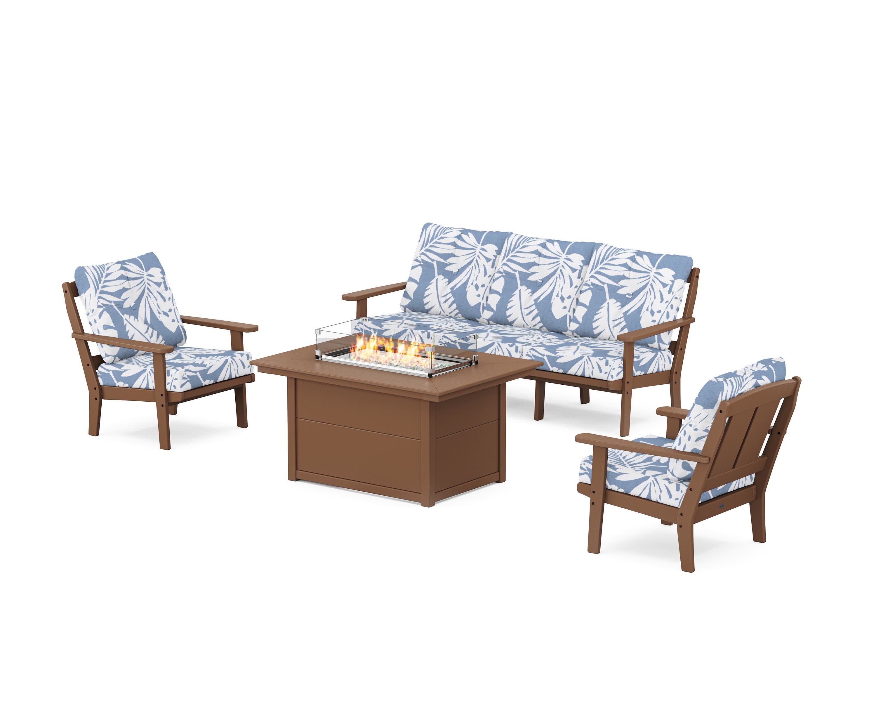 Mission Deep Seating Fire Pit Table Set in Teak / Leaf Sky Blue