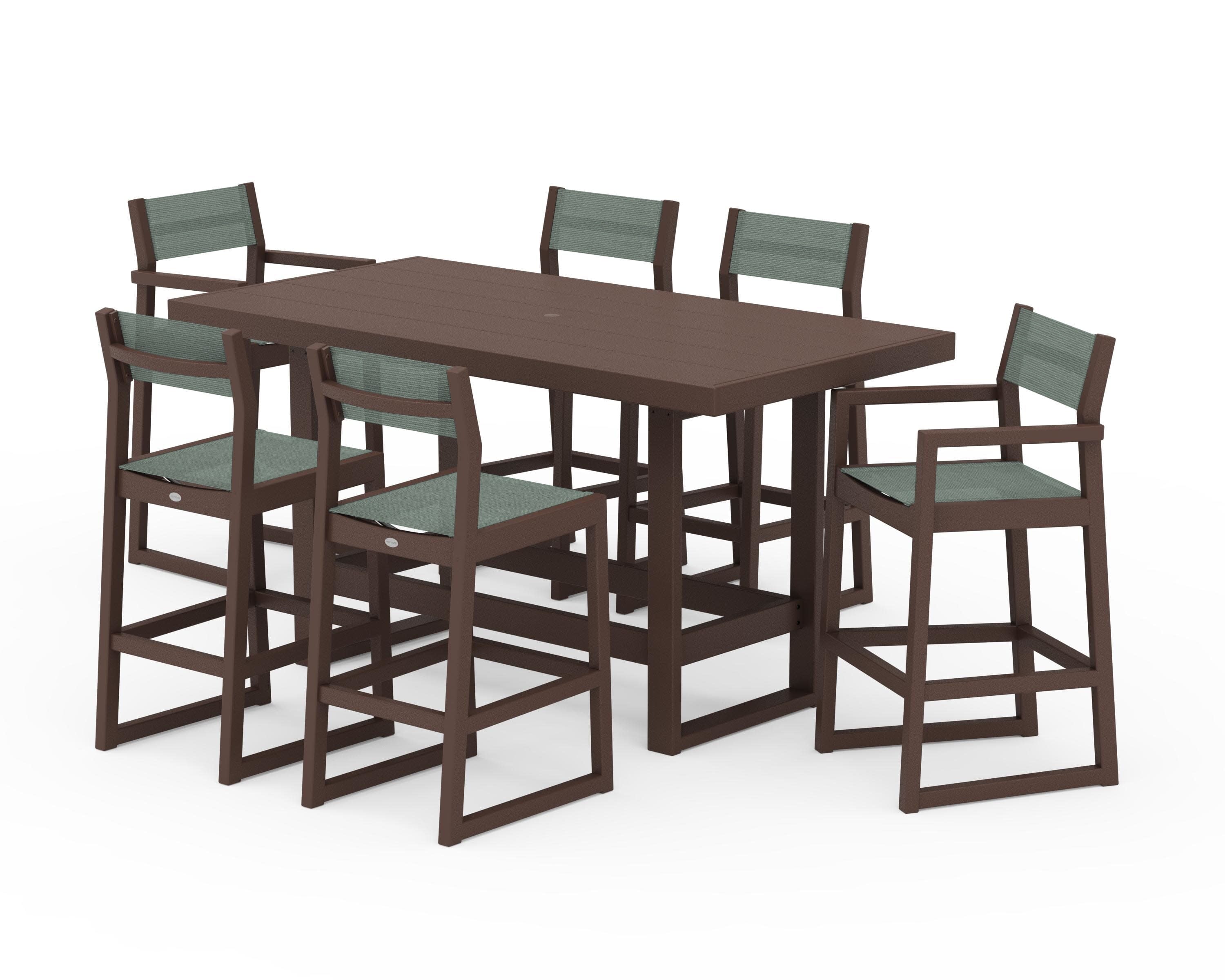EDGE Sling 7-Piece Bar Table Set in Mahogany / Dupioni Sea Mist Sling