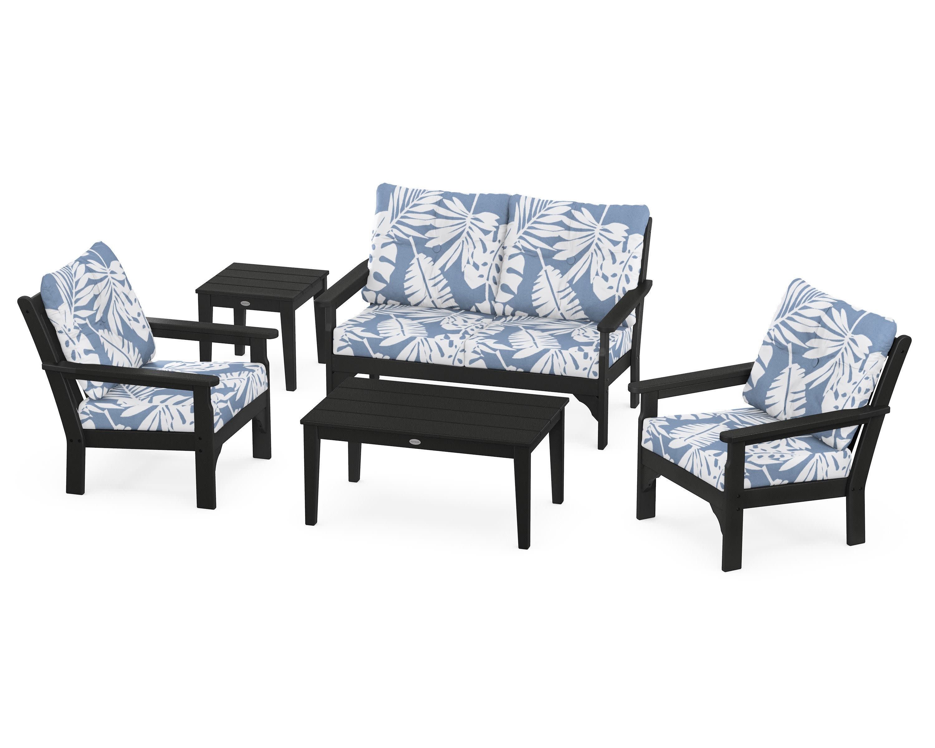 Vineyard 5-Piece Deep Seating Set in Black / Leaf Sky Blue