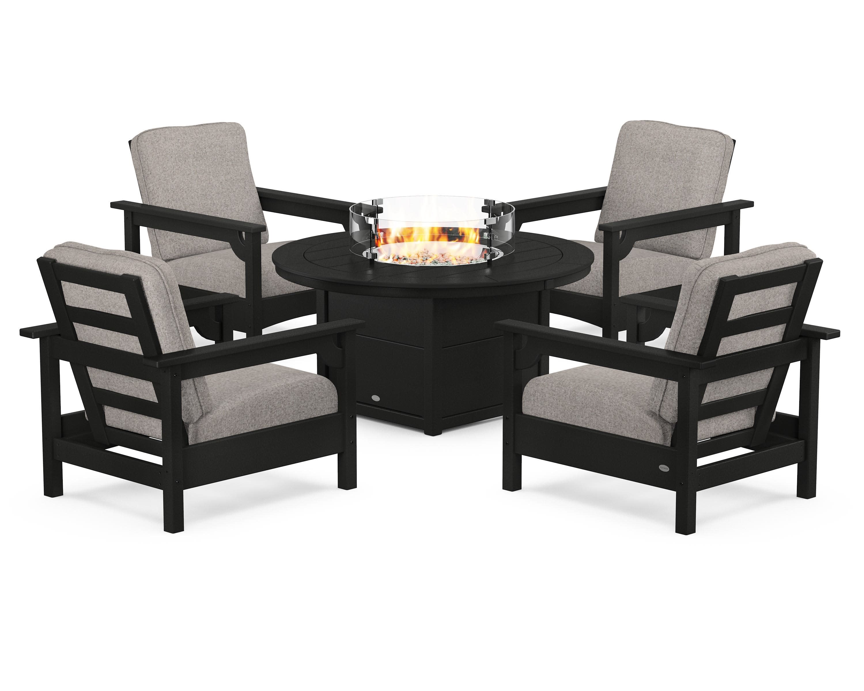Club 5-Piece Conversation Set with Fire Pit Table in Black / Weathered Tweed