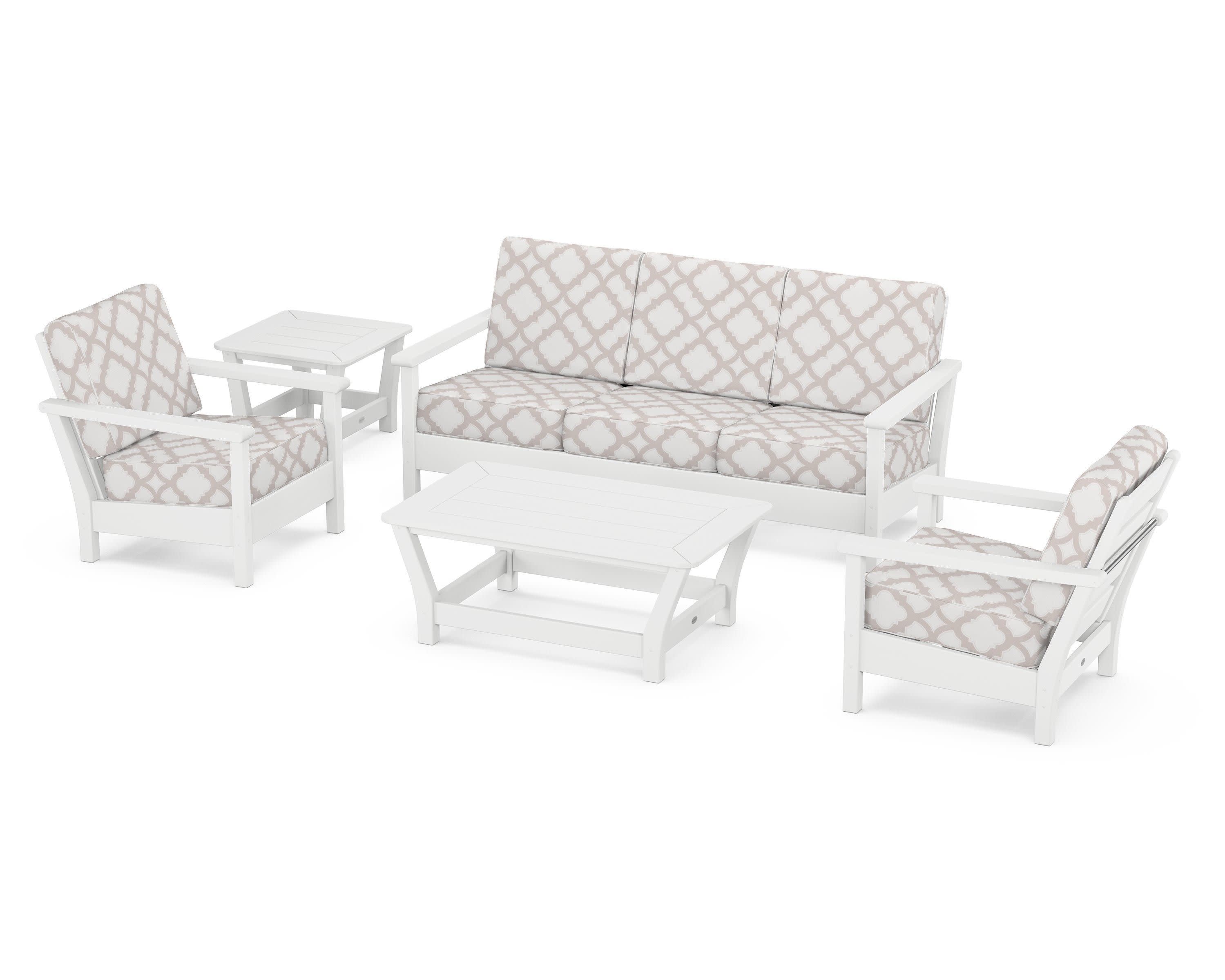 Harbour 5-Piece Deep Seating Set in White / Trellis Dune Burlap