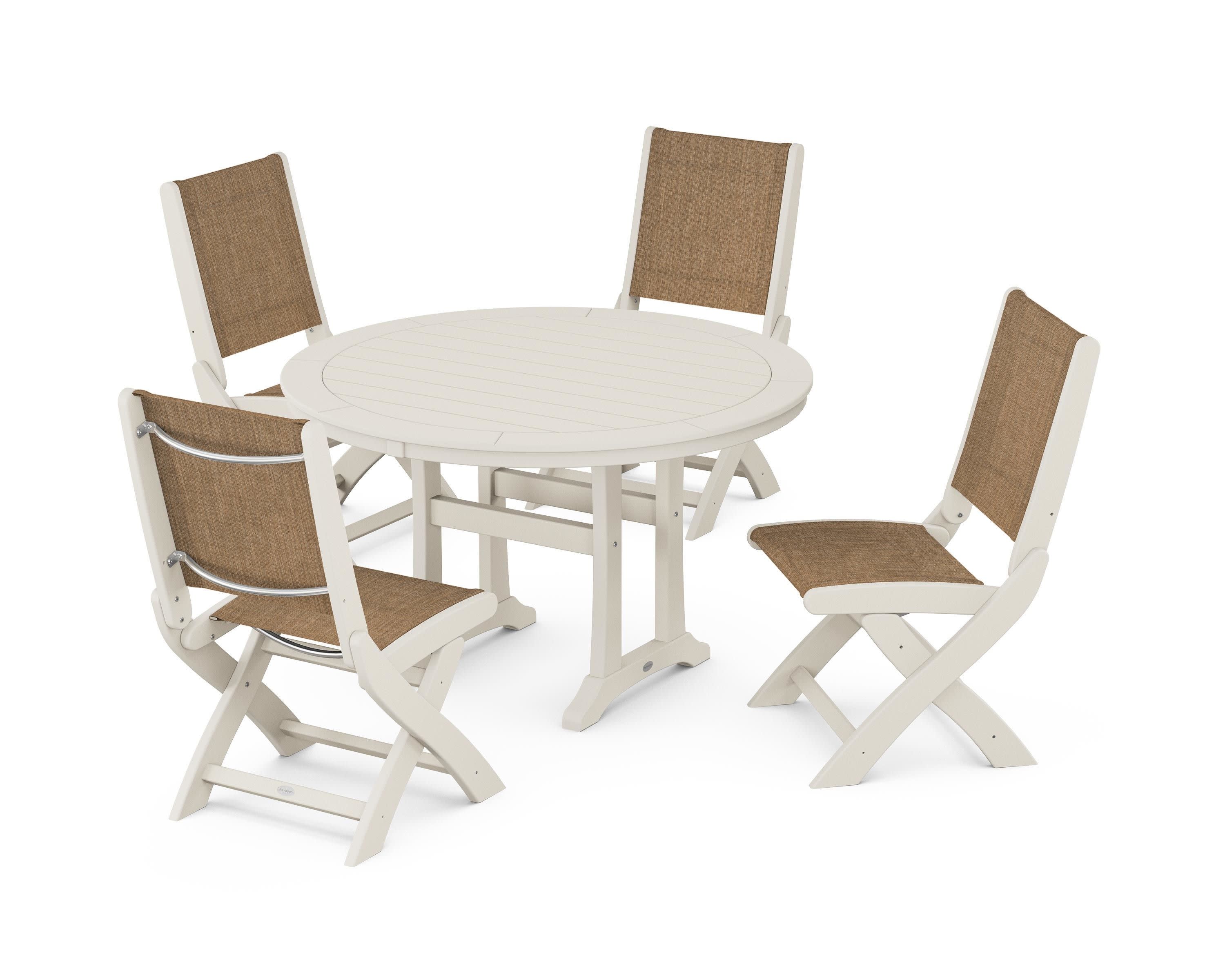 Coastal Folding Side Chair 5-Piece Round Dining Set With Trestle Legs in Sand / Burlap Sling