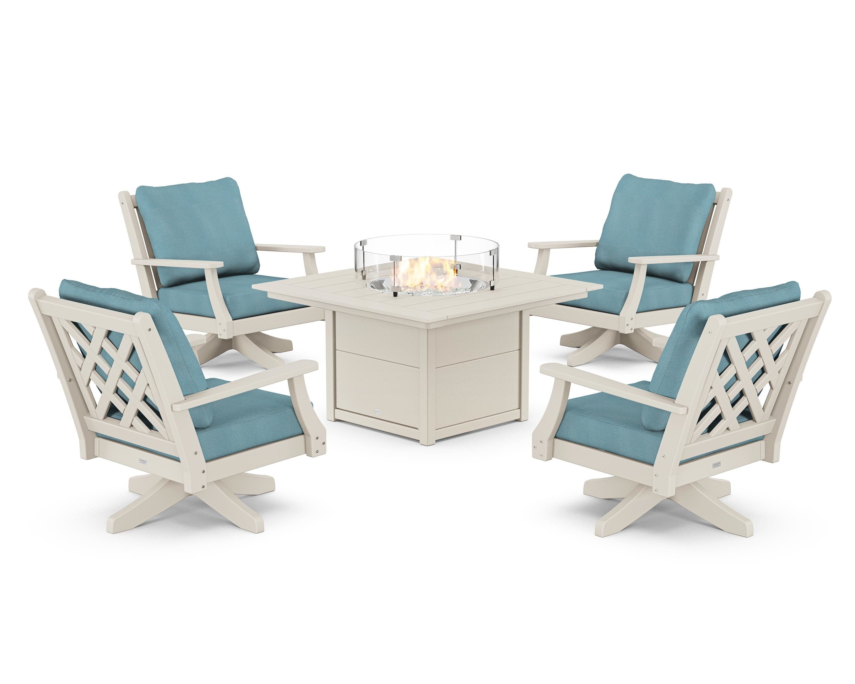 Wovendale 5-Piece Deep Seating Swivel Conversation Set with Fire Pit Table in Sand / Lattice Sky Blue