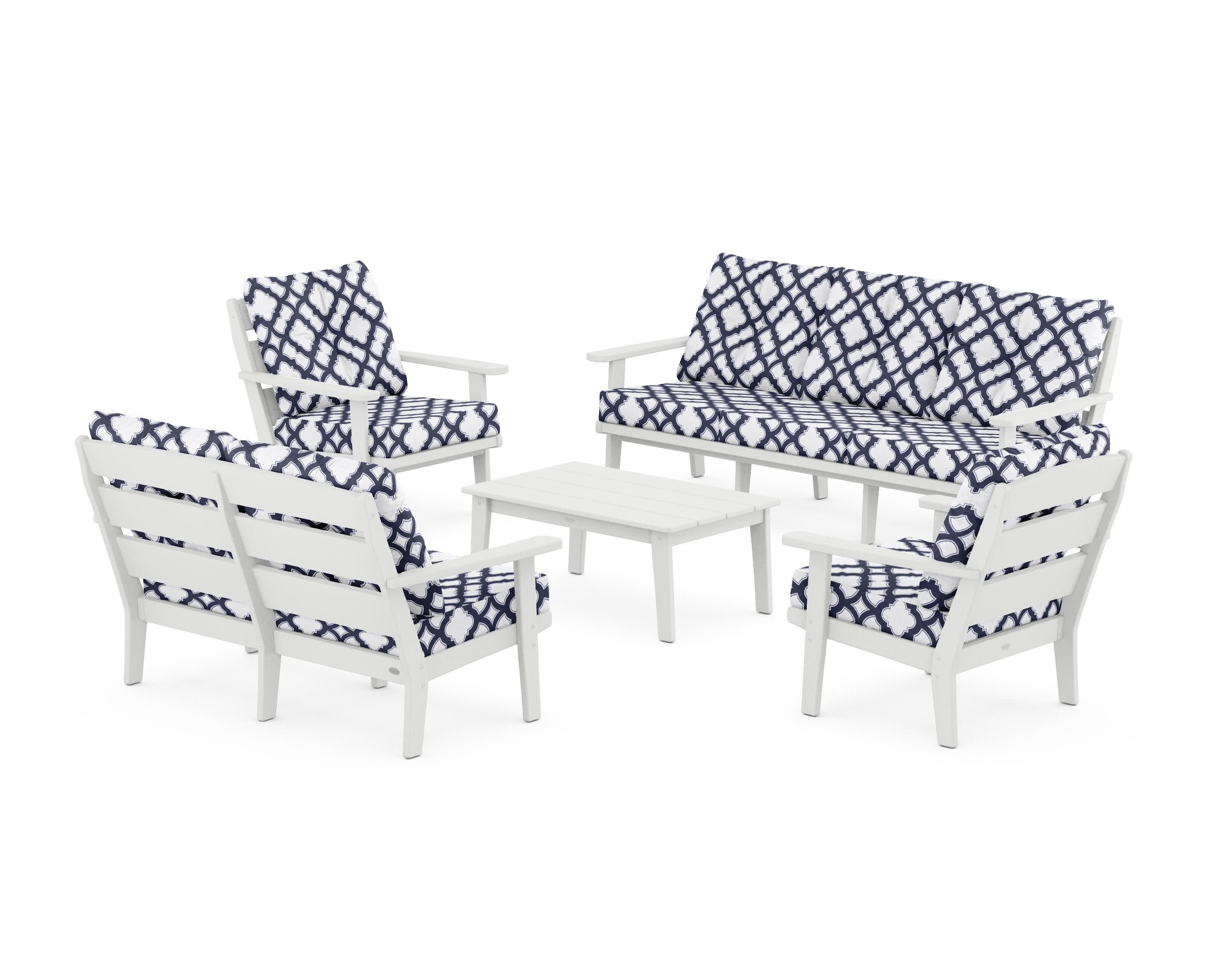 Lakeside 5-Piece Lounge Sofa Set in White / Trellis Navy