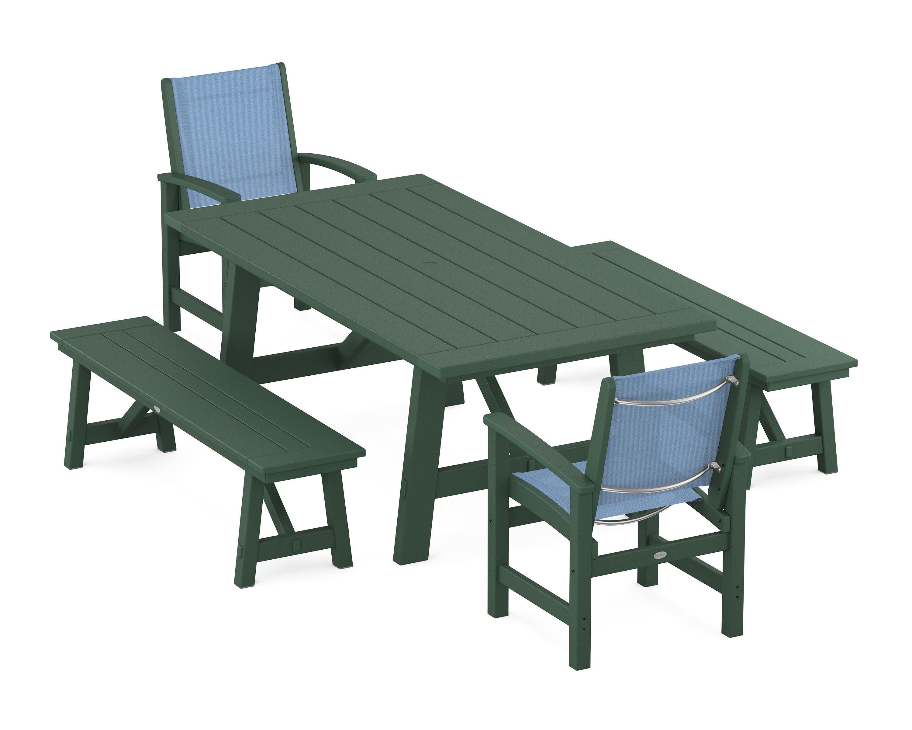 Coastal 5-Piece Rustic Farmhouse Dining Set With Benches in Green / Poolside Sling