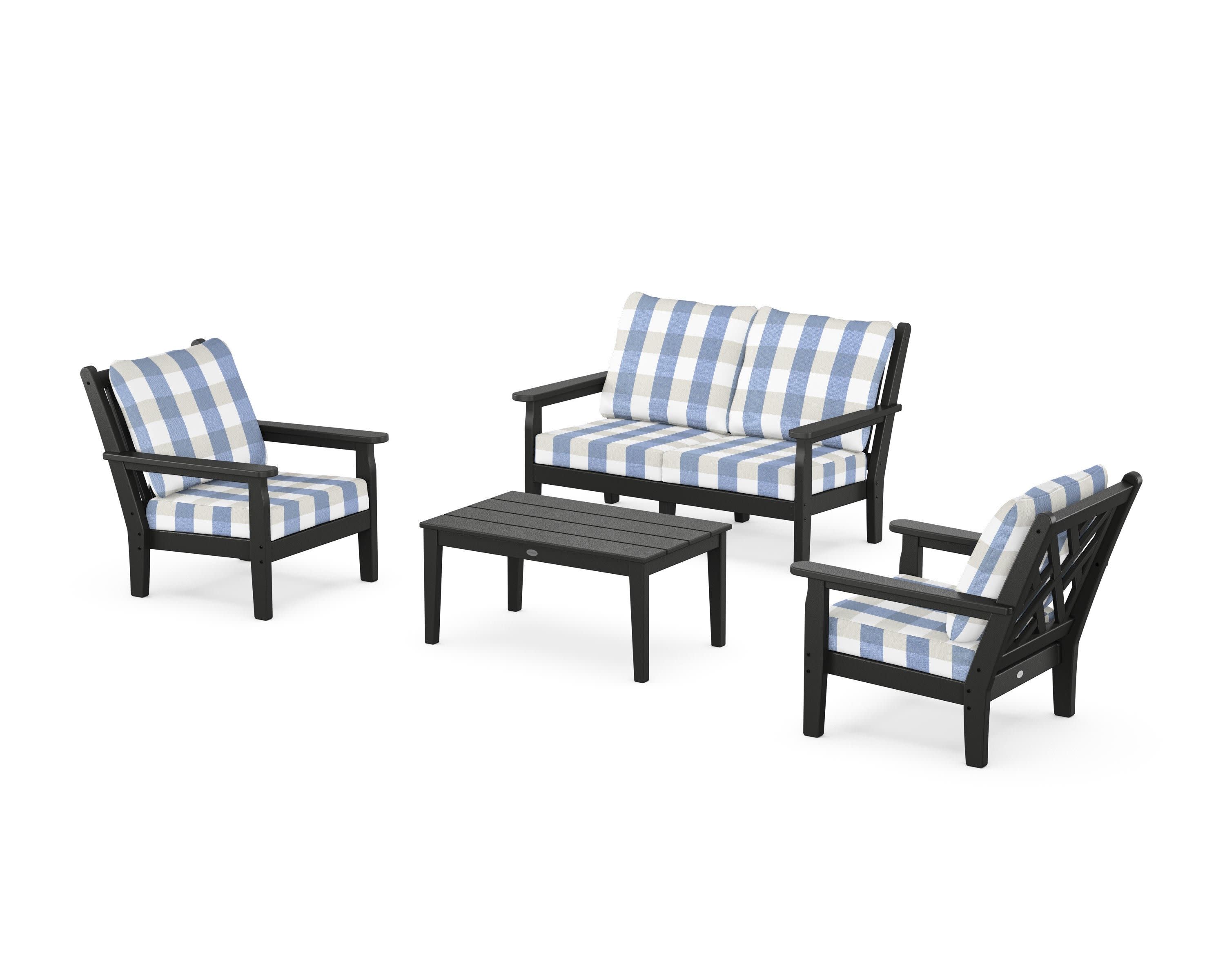 Chippendale 4-Piece Deep Seating Set with Loveseat in Black / Buffalo Plaid Sky Blue