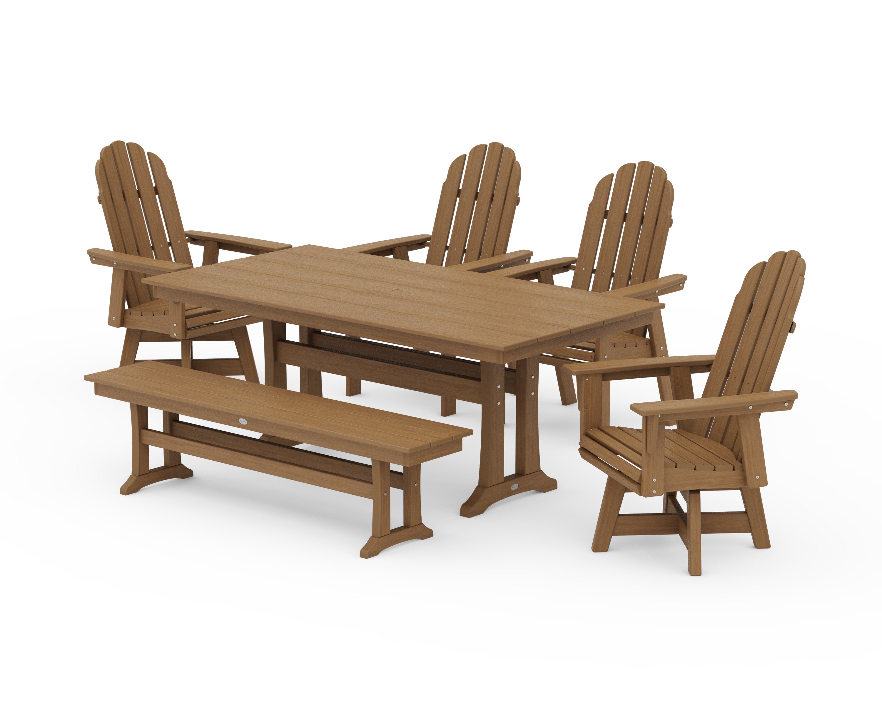 Vineyard Curveback Adirondack 6-Piece Swivel Chair Farmhouse Dining Set with Trestle Legs and Bench in Natural