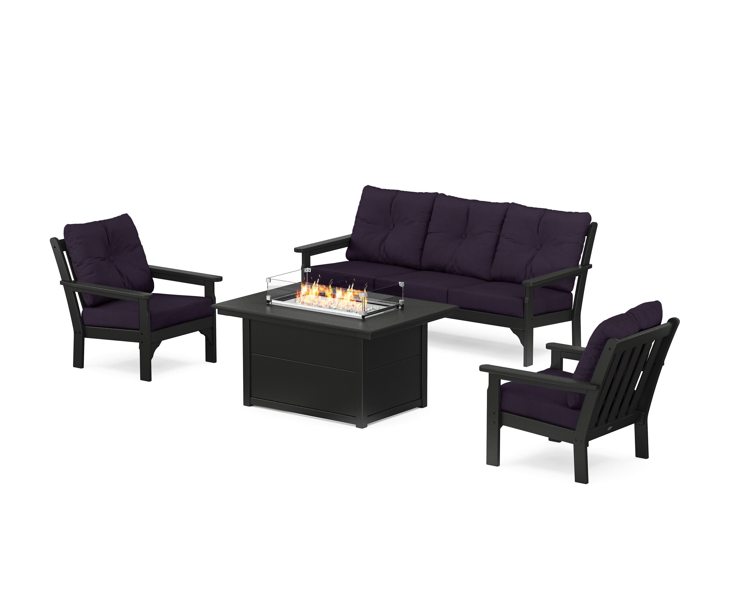 Vineyard Deep Seating Fire Pit Table Set in Black / Navy Linen