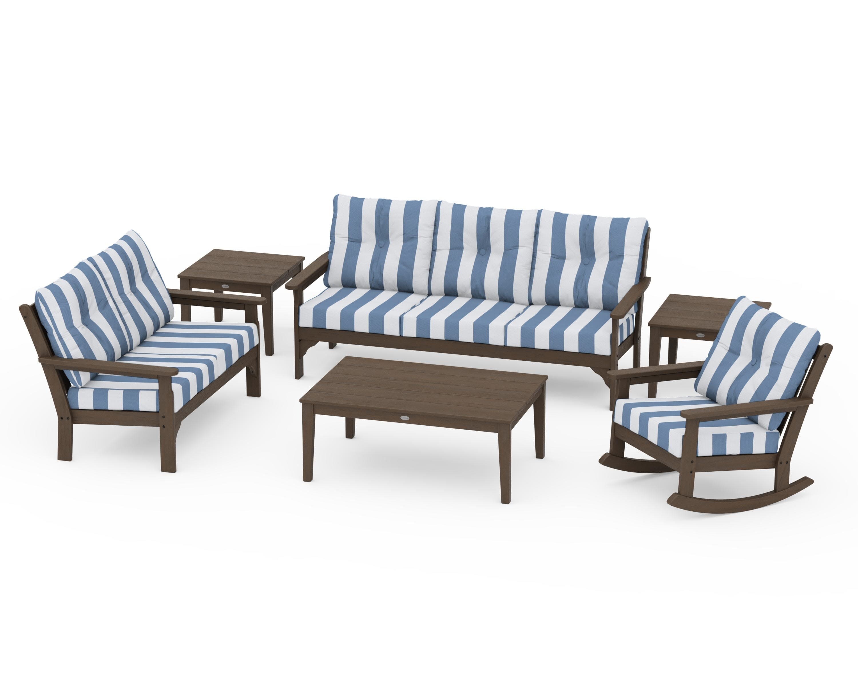 Vineyard 6-Piece Deep Seating Set in Kona / Cabana Stripe Sky Blue