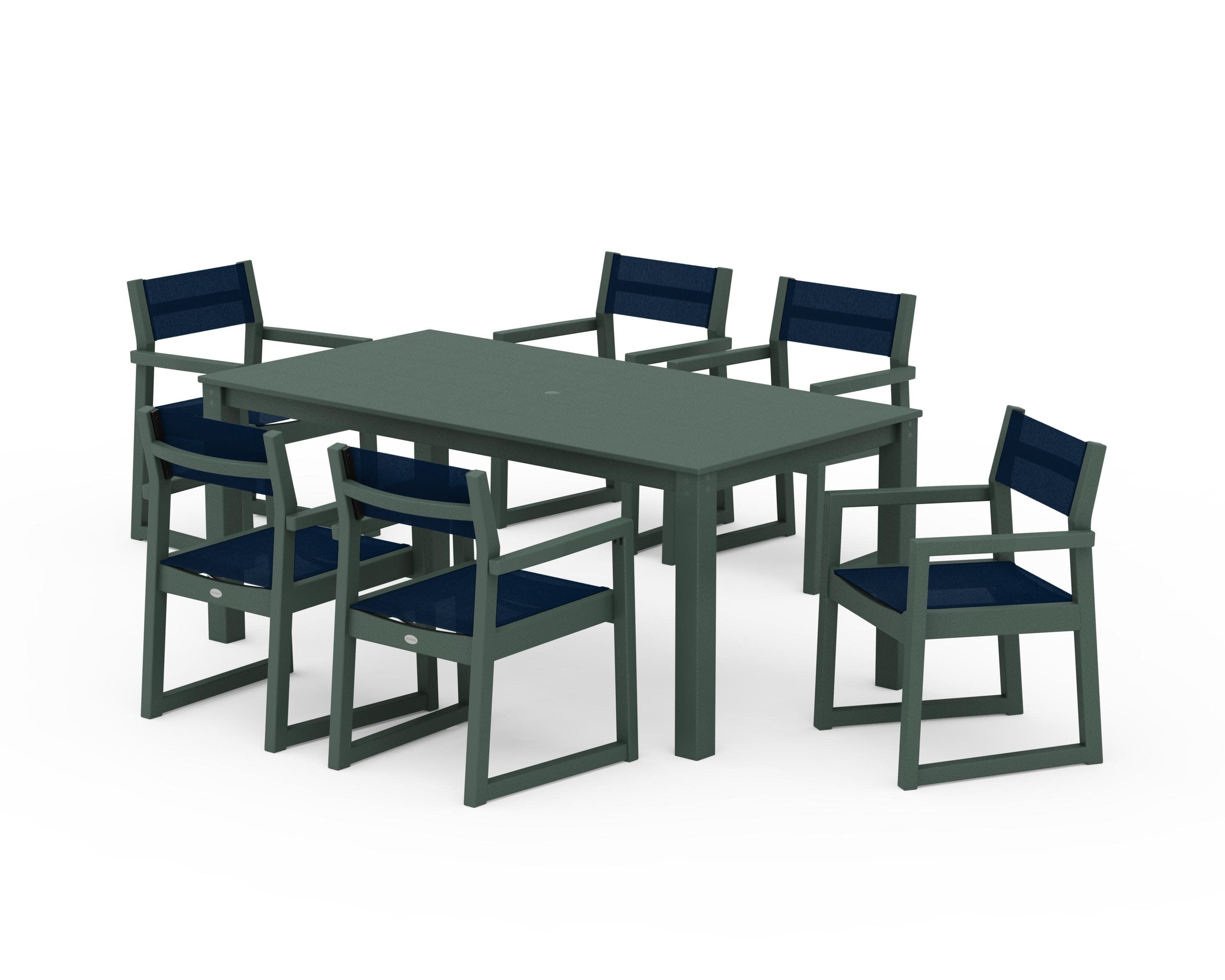 EDGE Sling Arm Chair 7-Piece Parsons Dining Set in Green / Navy Blue Sling
