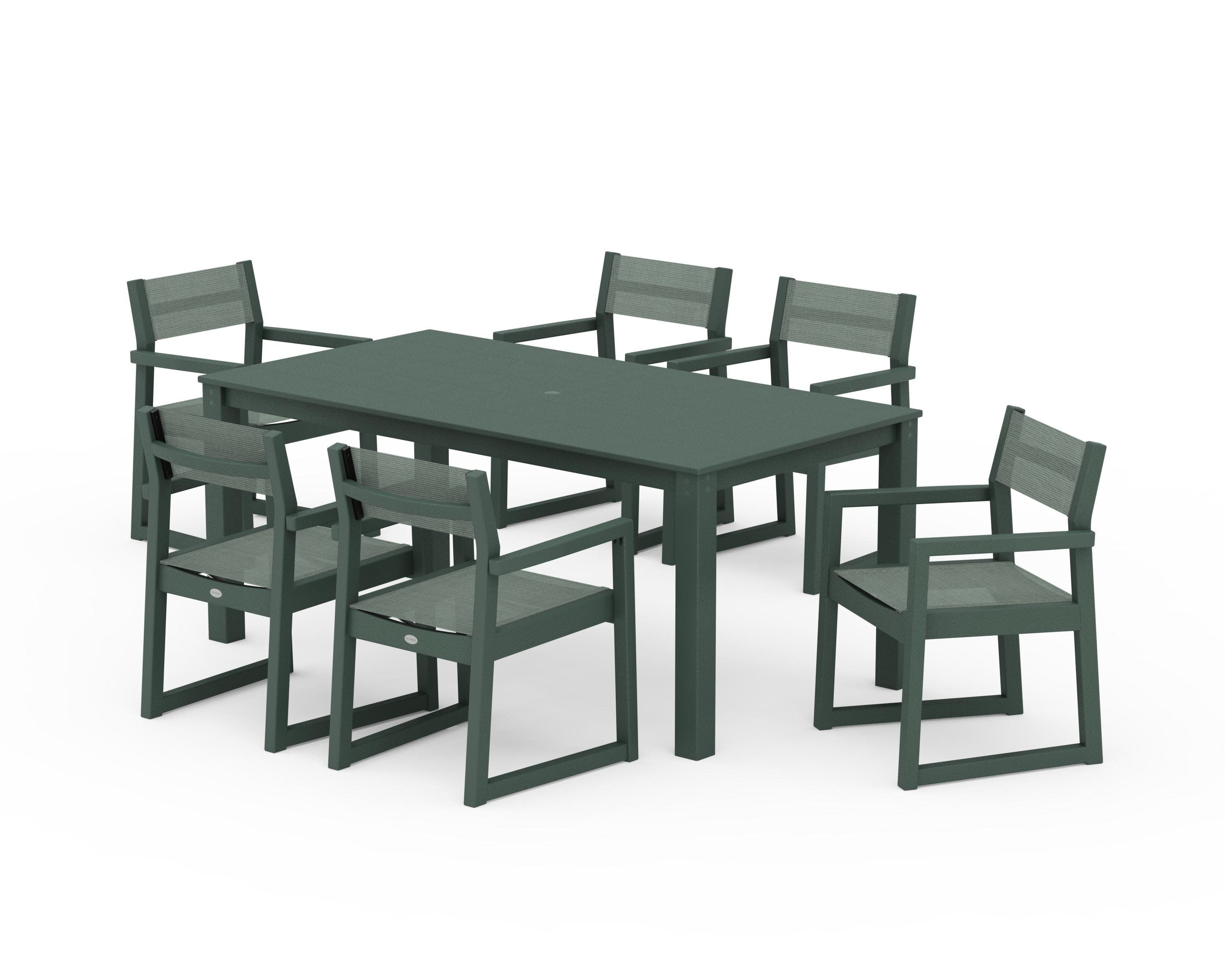 EDGE Sling Arm Chair 7-Piece Parsons Dining Set in Green / Dupioni Sea Mist Sling