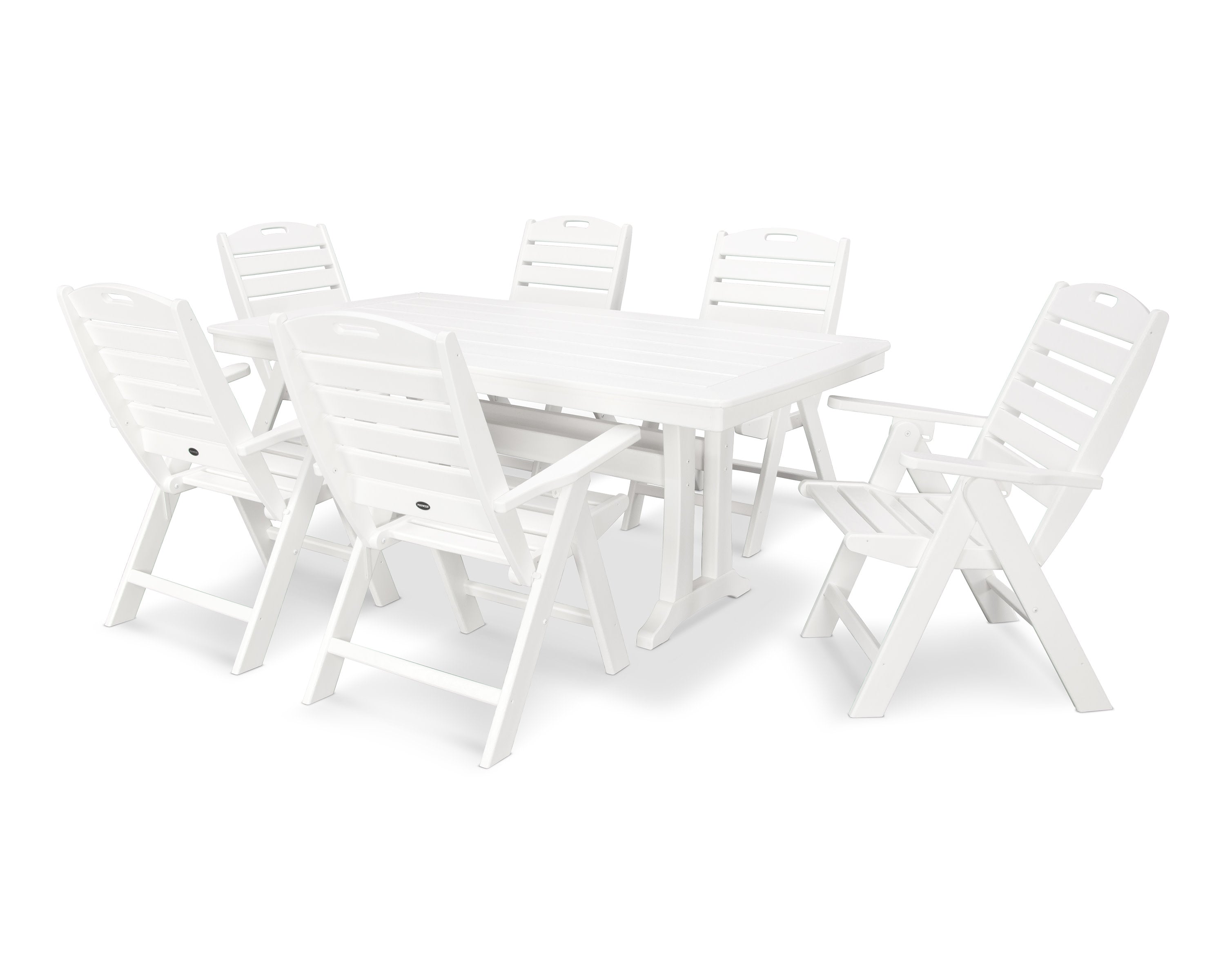 Nautical Folding Highback Chair 7-Piece Dining Set with Trestle Legs in White