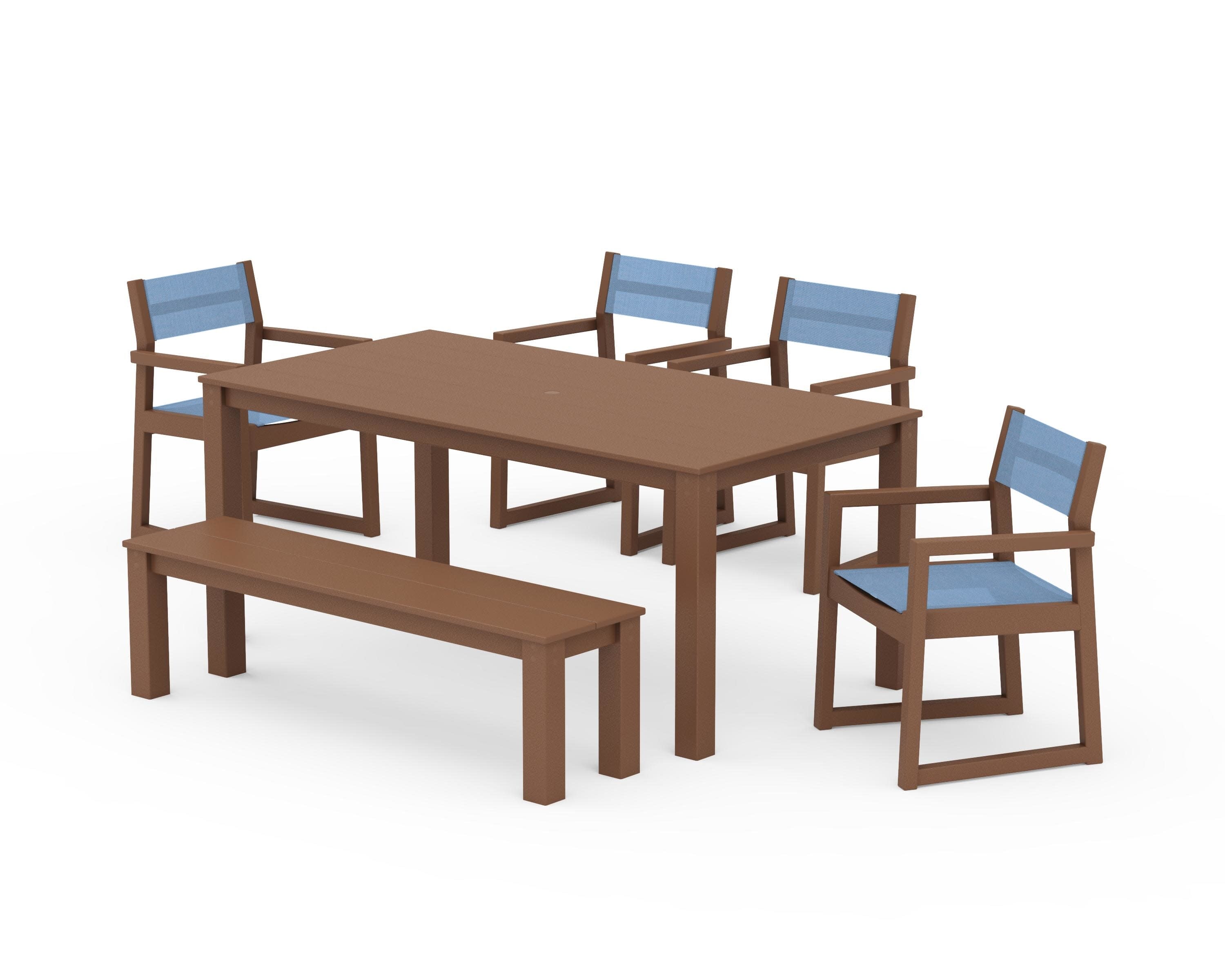 EDGE Sling Arm Chair 6-Piece Parsons Dining Set with Bench in Teak / Poolside Sling