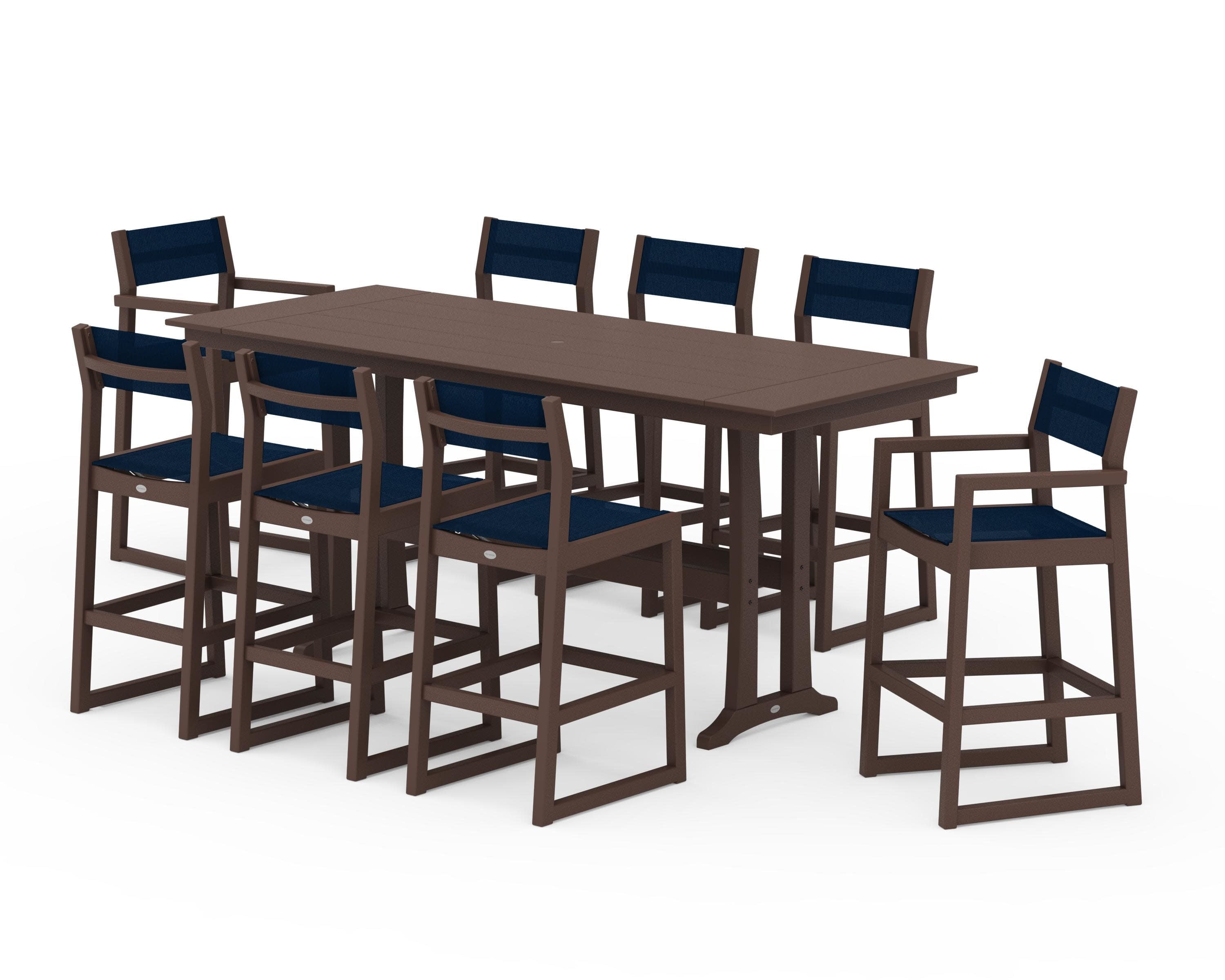 EDGE Sling 9-Piece Farmhouse Bar Set with Trestle Legs in Mahogany / Navy Blue Sling
