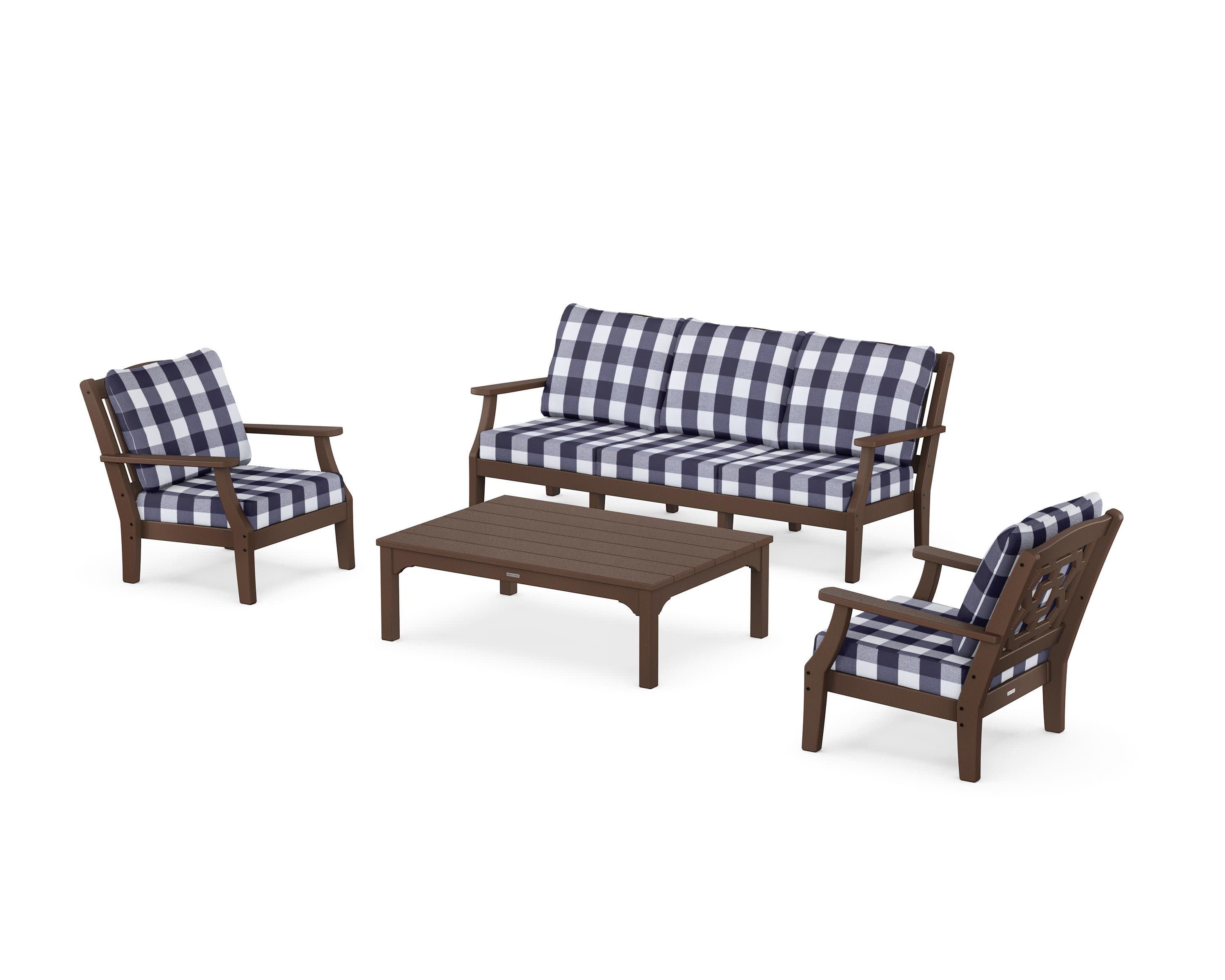 Chinoiserie 4-Piece Deep Seating Set with Sofa in Mahogany / Buffalo Plaid Navy