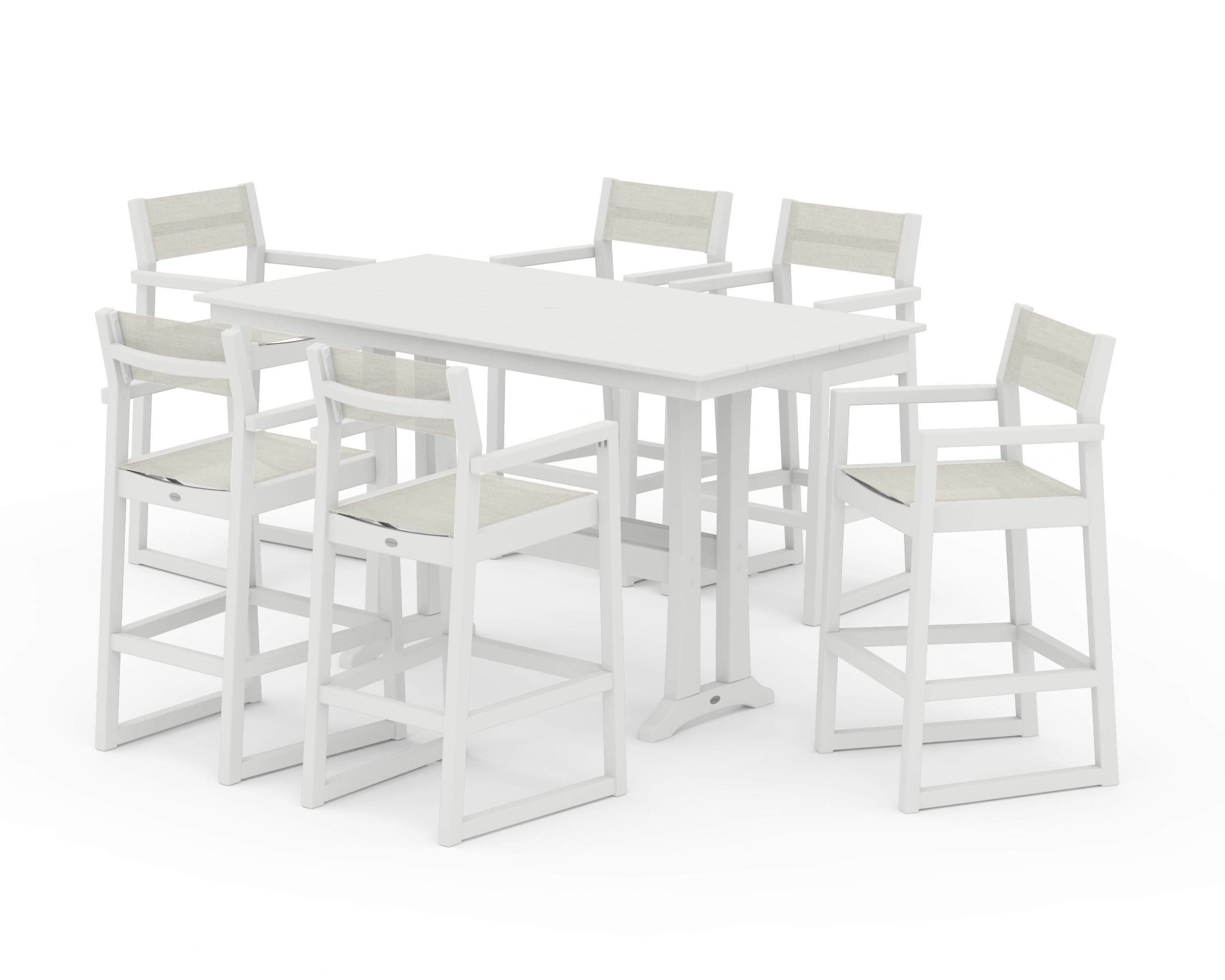 EDGE Sling Arm Chair 7-Piece Farmhouse Bar Set with Trestle Legs in Vintage White / Parchment Sling