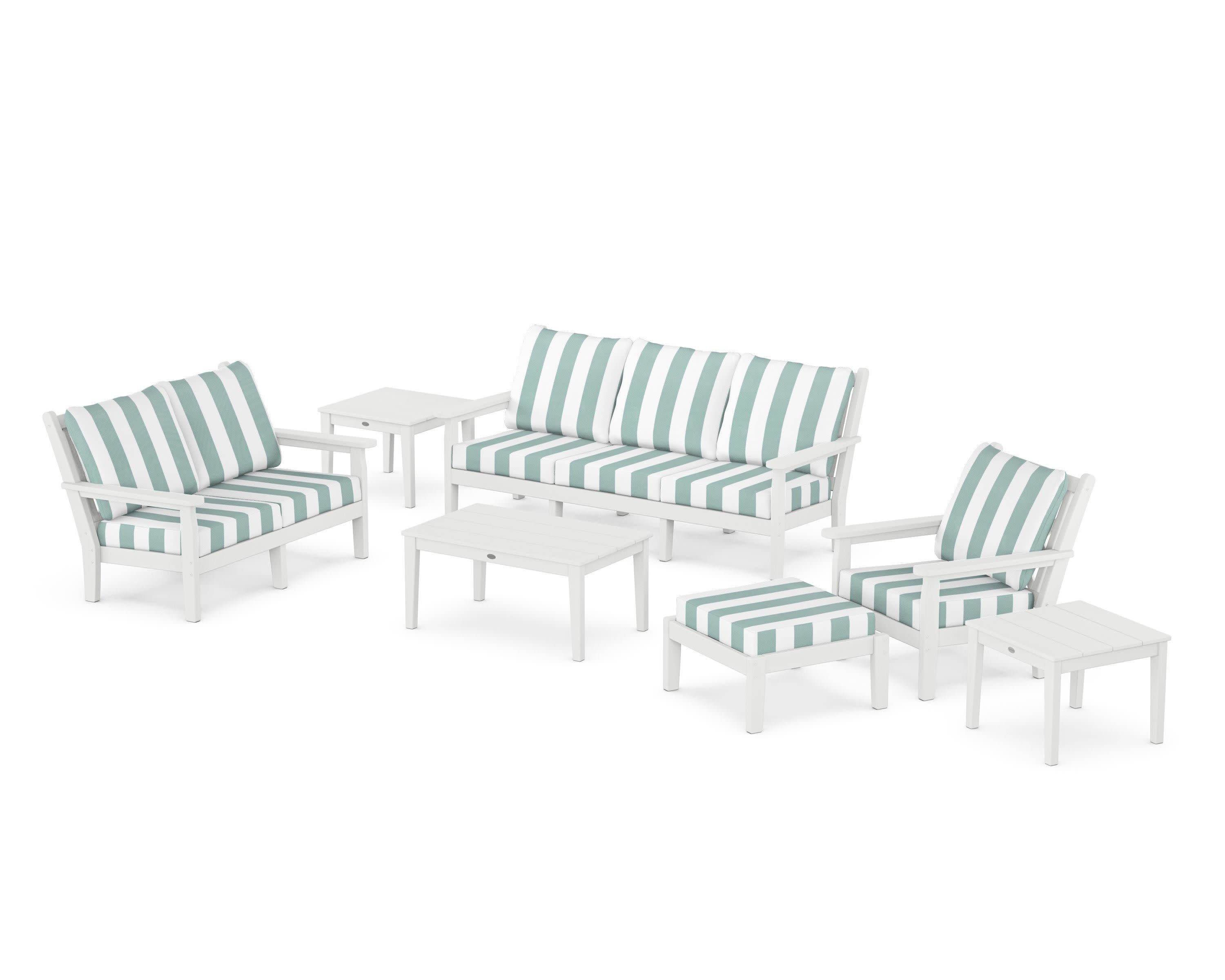 Chippendale 7-Piece Deep Seating Set in White / Cabana Stripe Glacier Spa