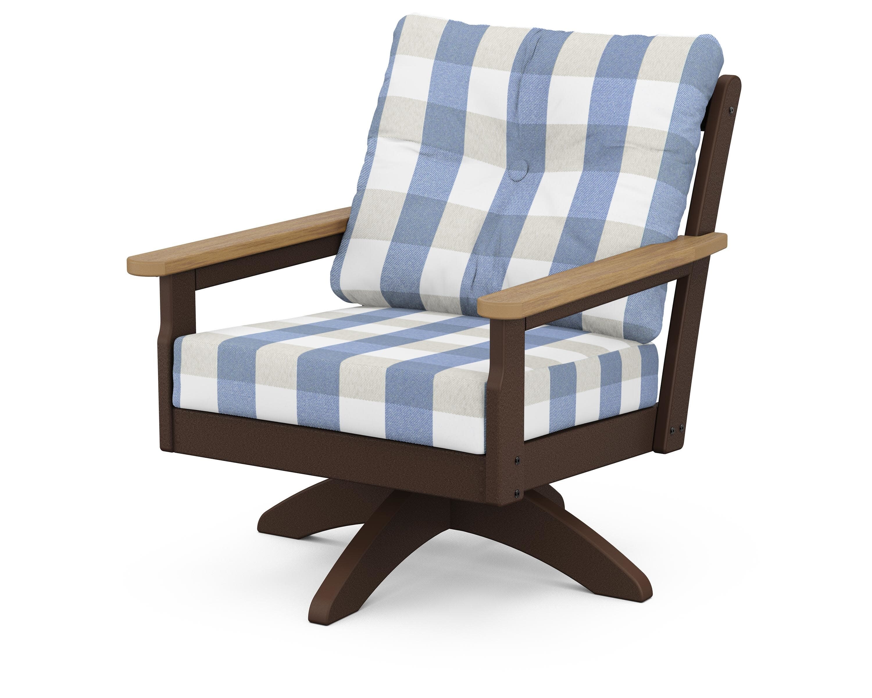 Vineyard Deep Seating Swivel Chair in Mahogany / Natural / Buffalo Plaid Sky Blue