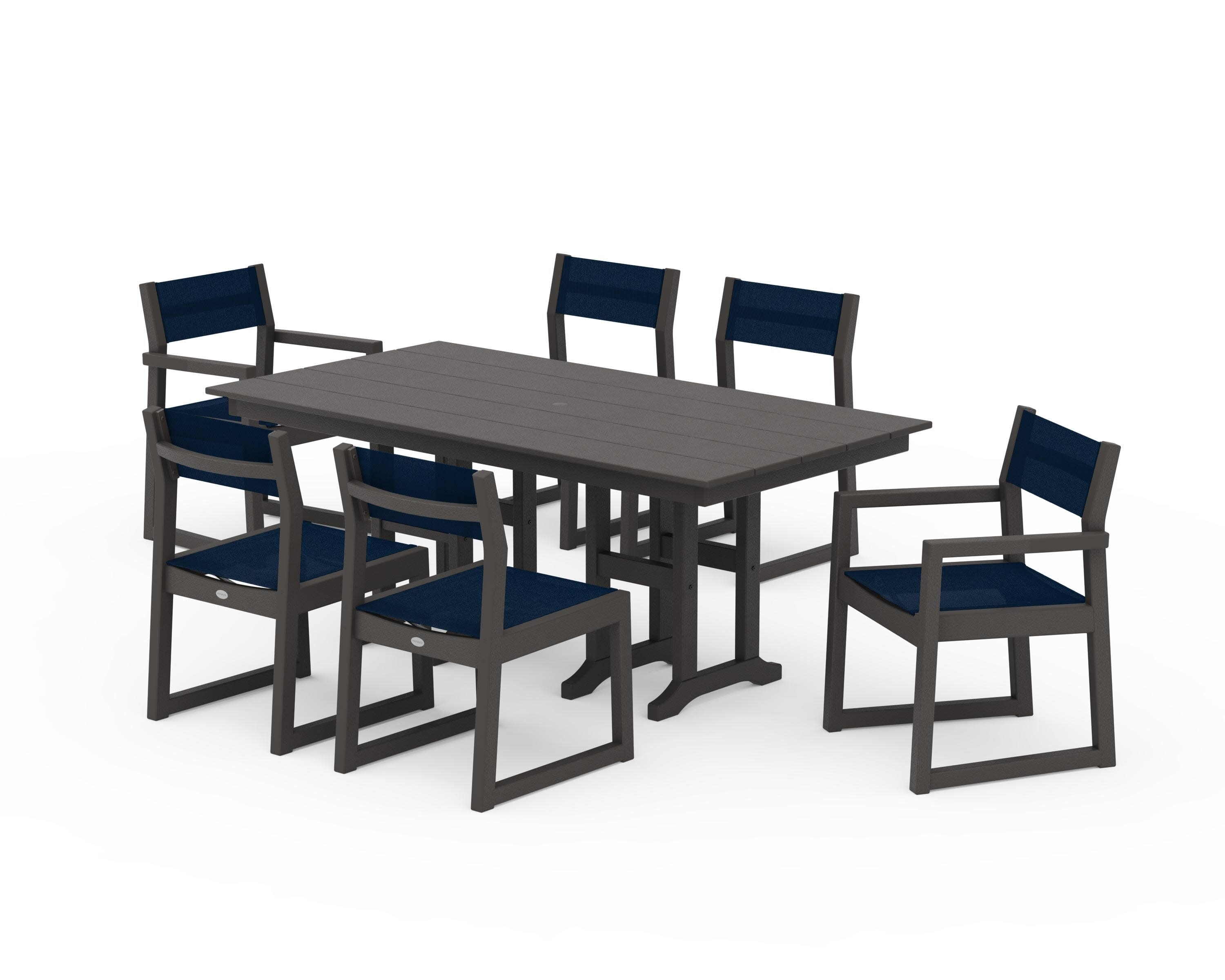 EDGE Sling 7-Piece Farmhouse Dining Set in Vintage Coffee / Navy Blue Sling
