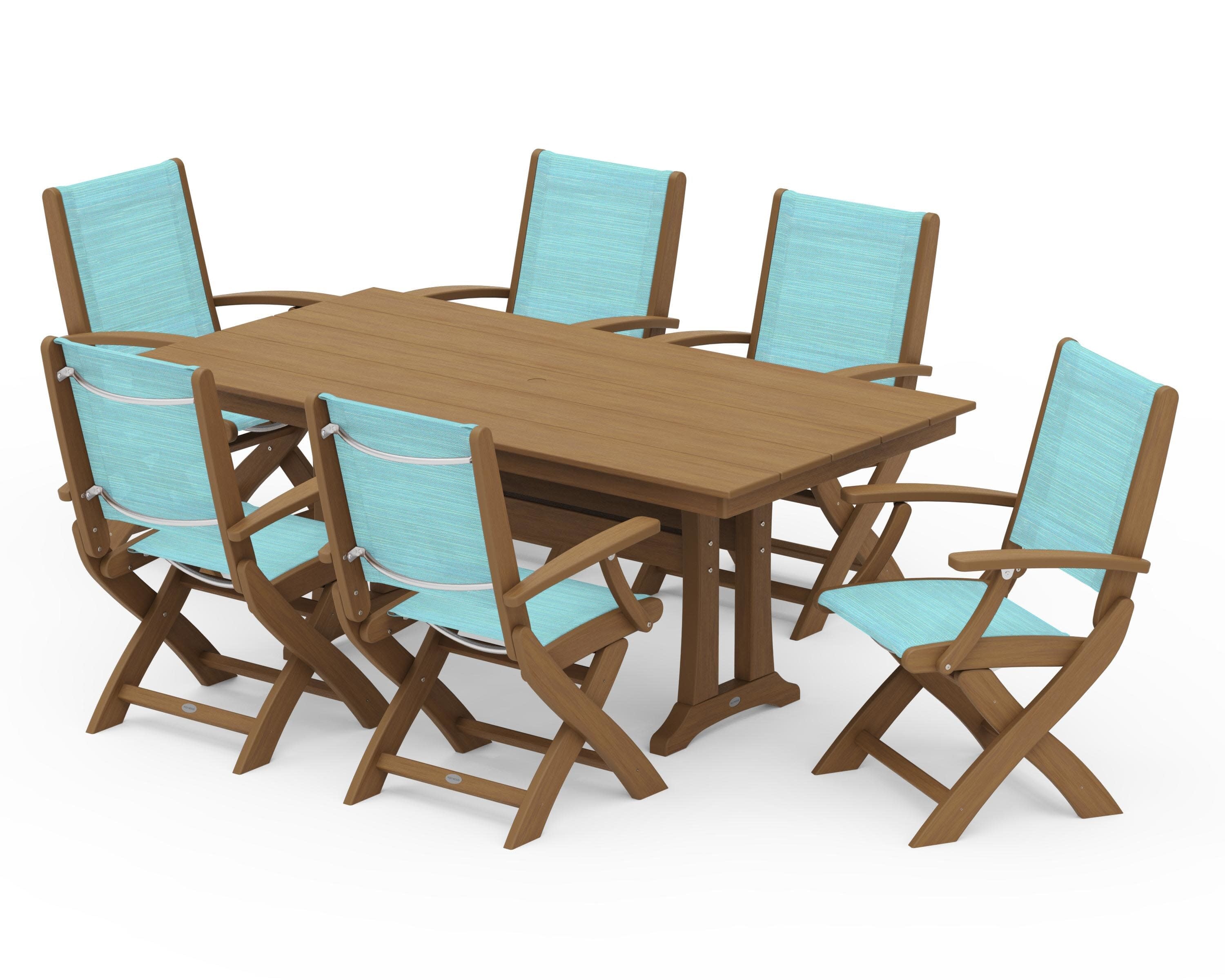Coastal Folding Arm Chair 7-Piece Farmhouse Dining Set with Trestle Legs in Natural / Dupioni Aquamarine Sling