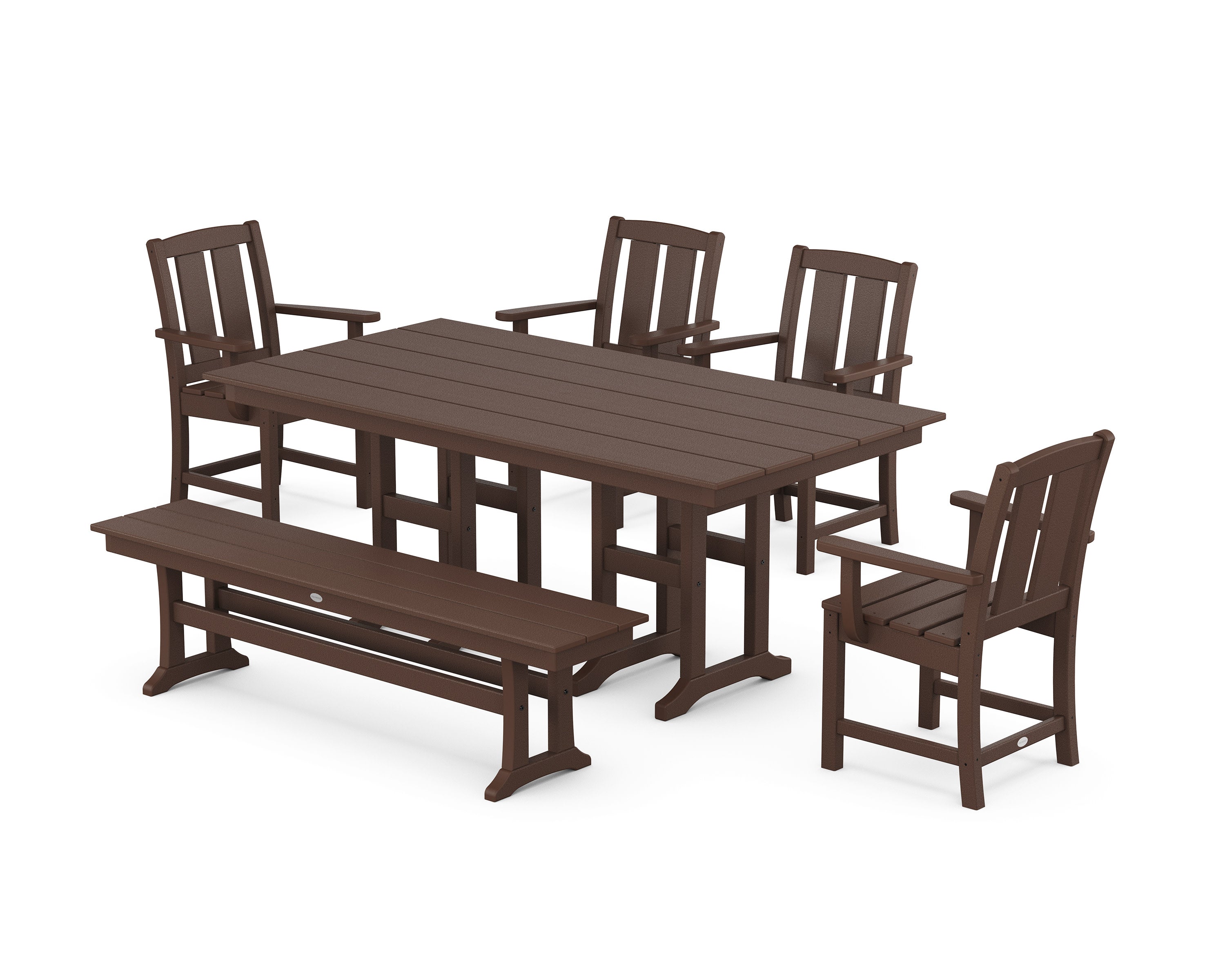 Mission 6-Piece Farmhouse Dining Set with Bench in Mahogany