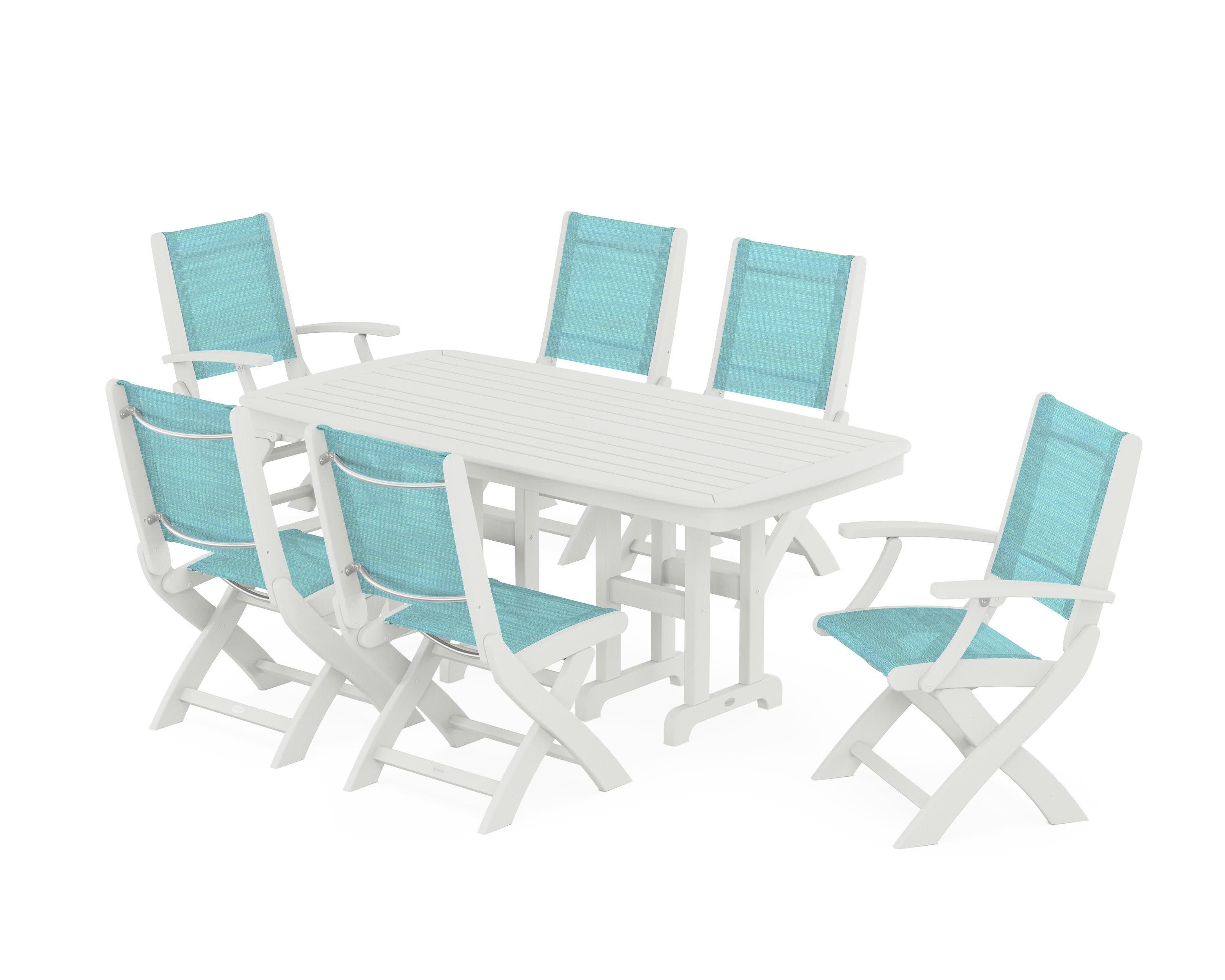Coastal Folding Chair 7-Piece Dining Set in Vintage White / Dupioni Aquamarine Sling