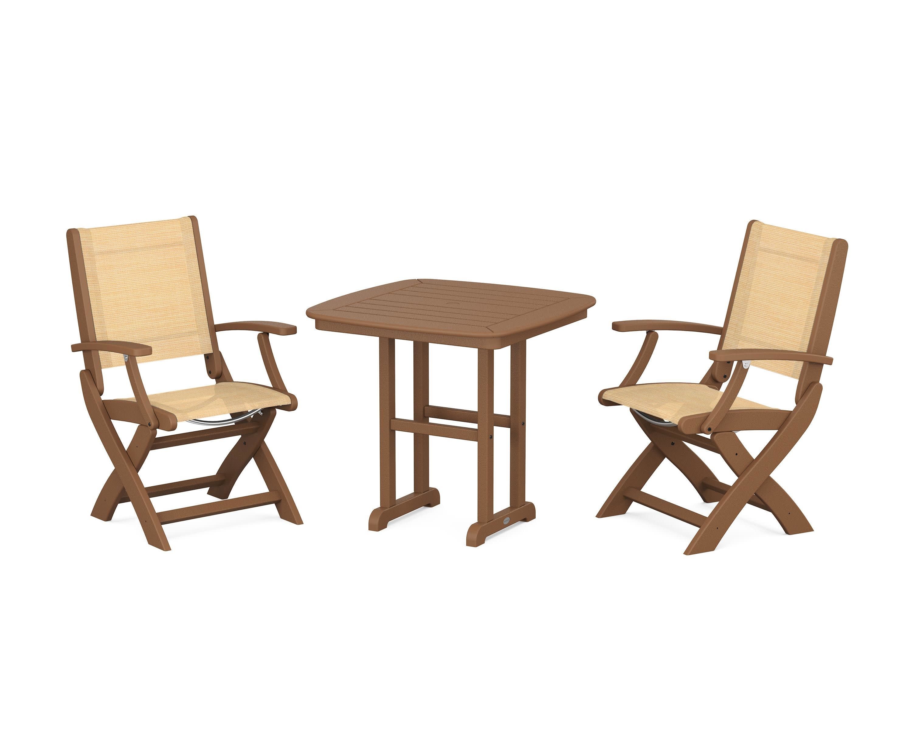 Coastal Folding Chair 3-Piece Dining Set in Teak / Dupioni Apricot Sling